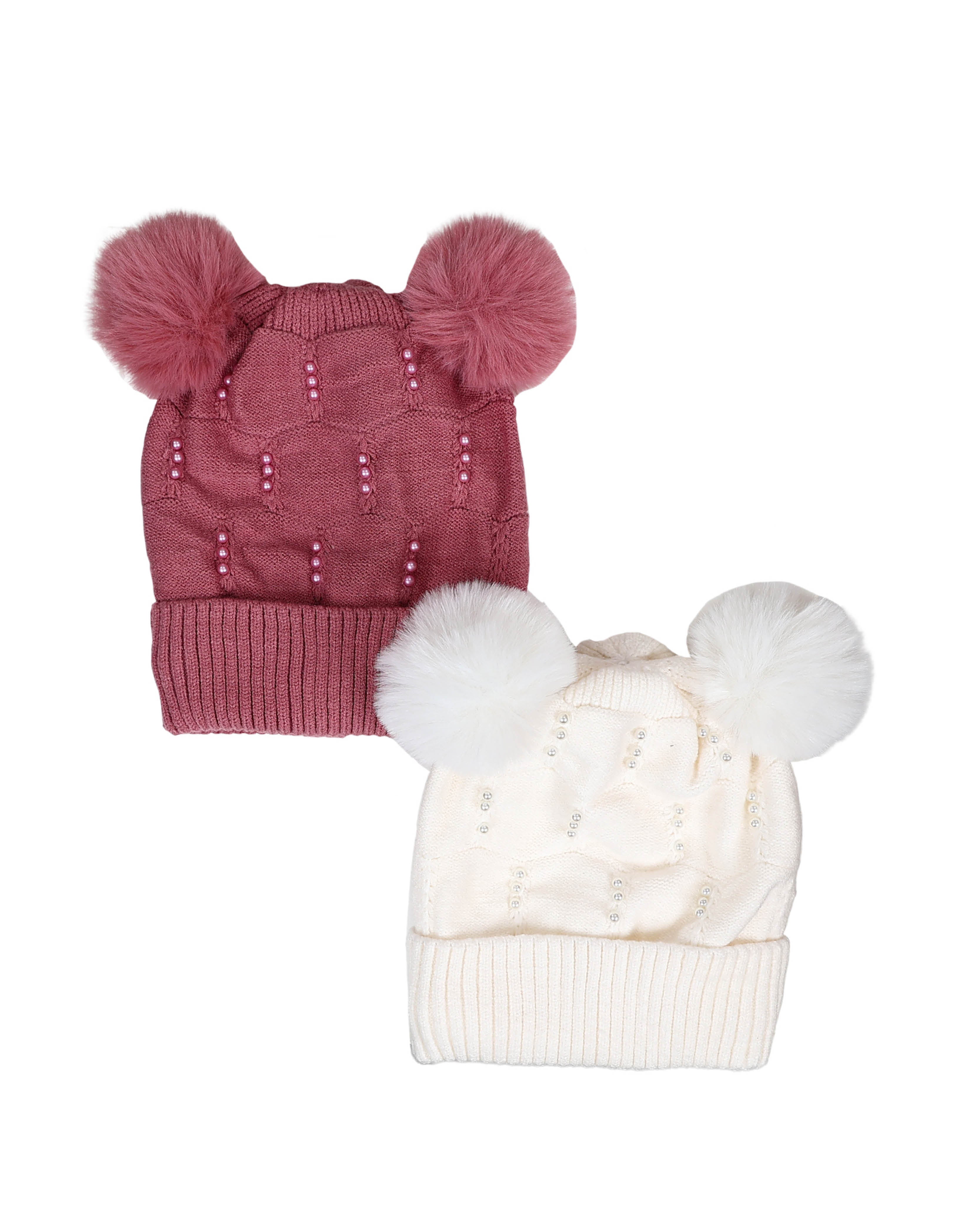 White Cluster Pearl Double Pompom Beanie