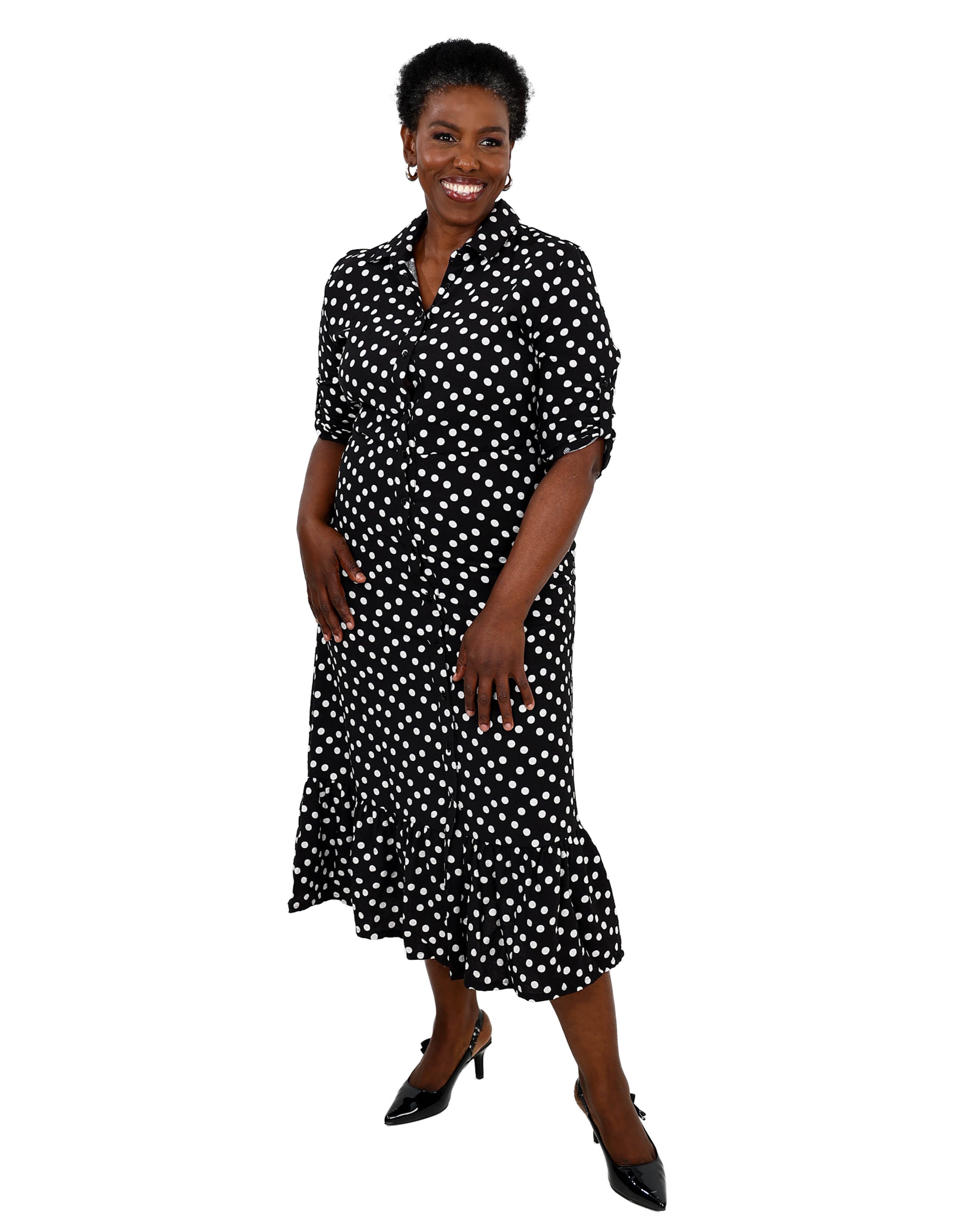 Short Sleeve Button Through Polka Dot Midi Dress
