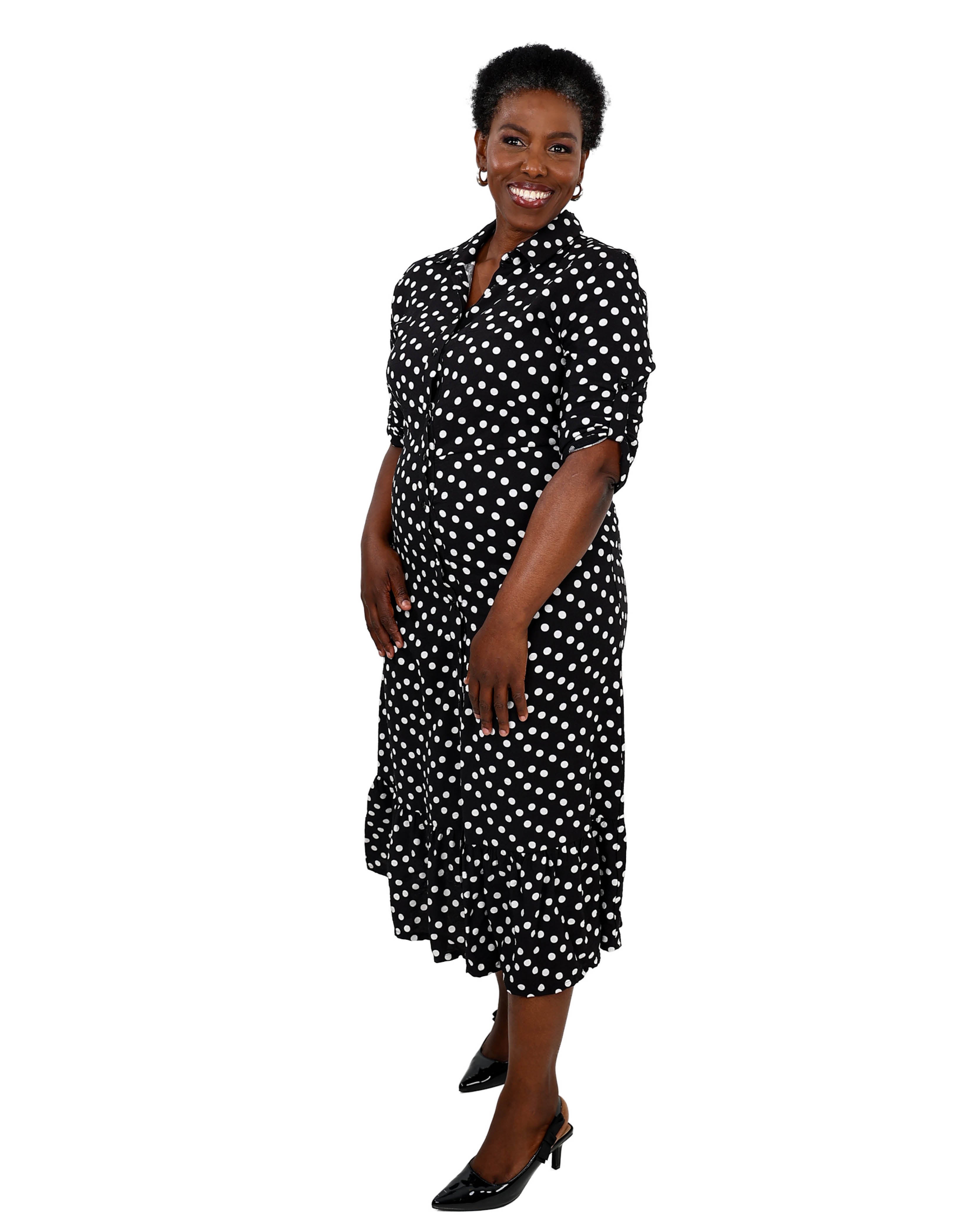 Short Sleeve Button Through Polka Dot Midi Dress