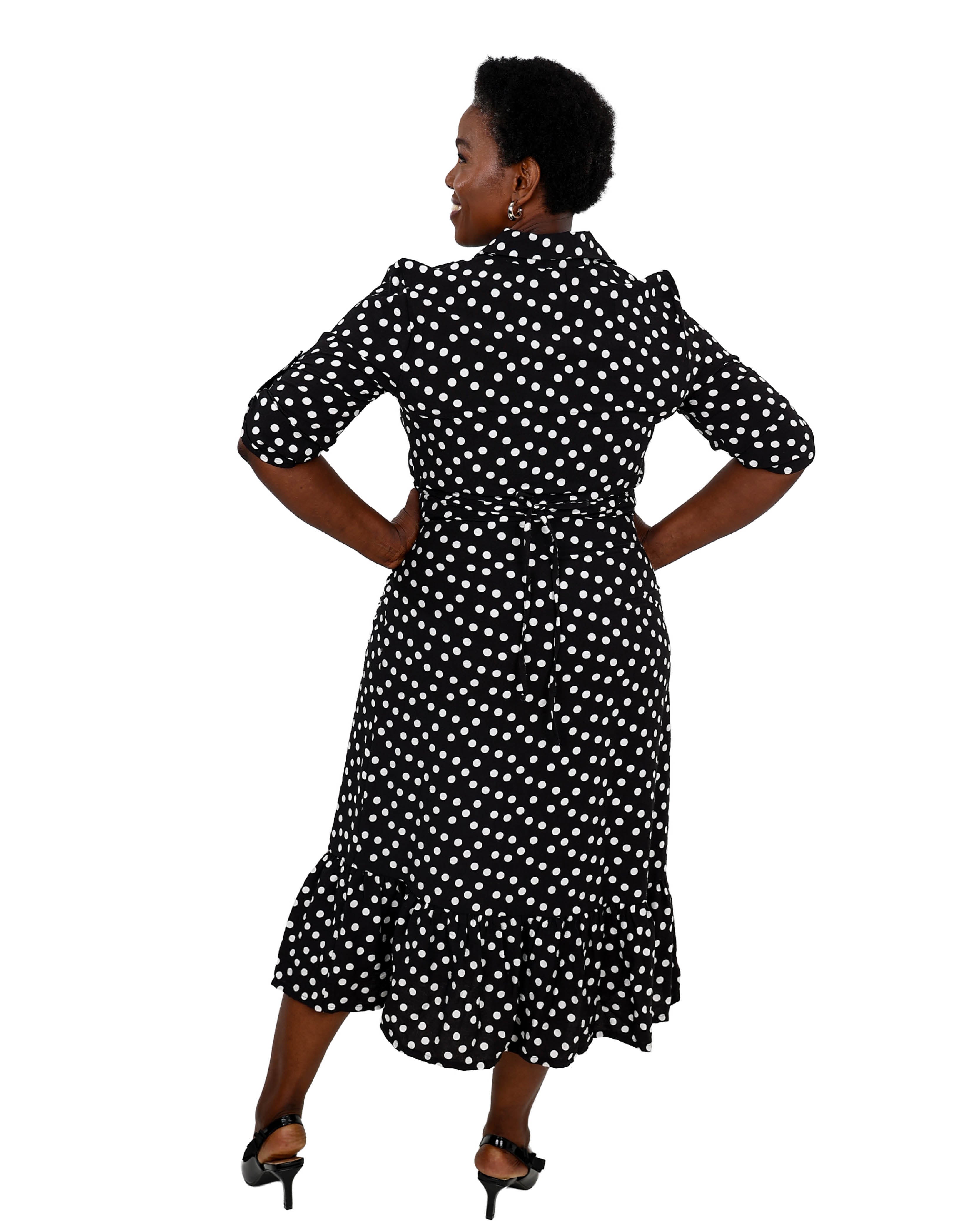 Short Sleeve Button Through Polka Dot Midi Dress