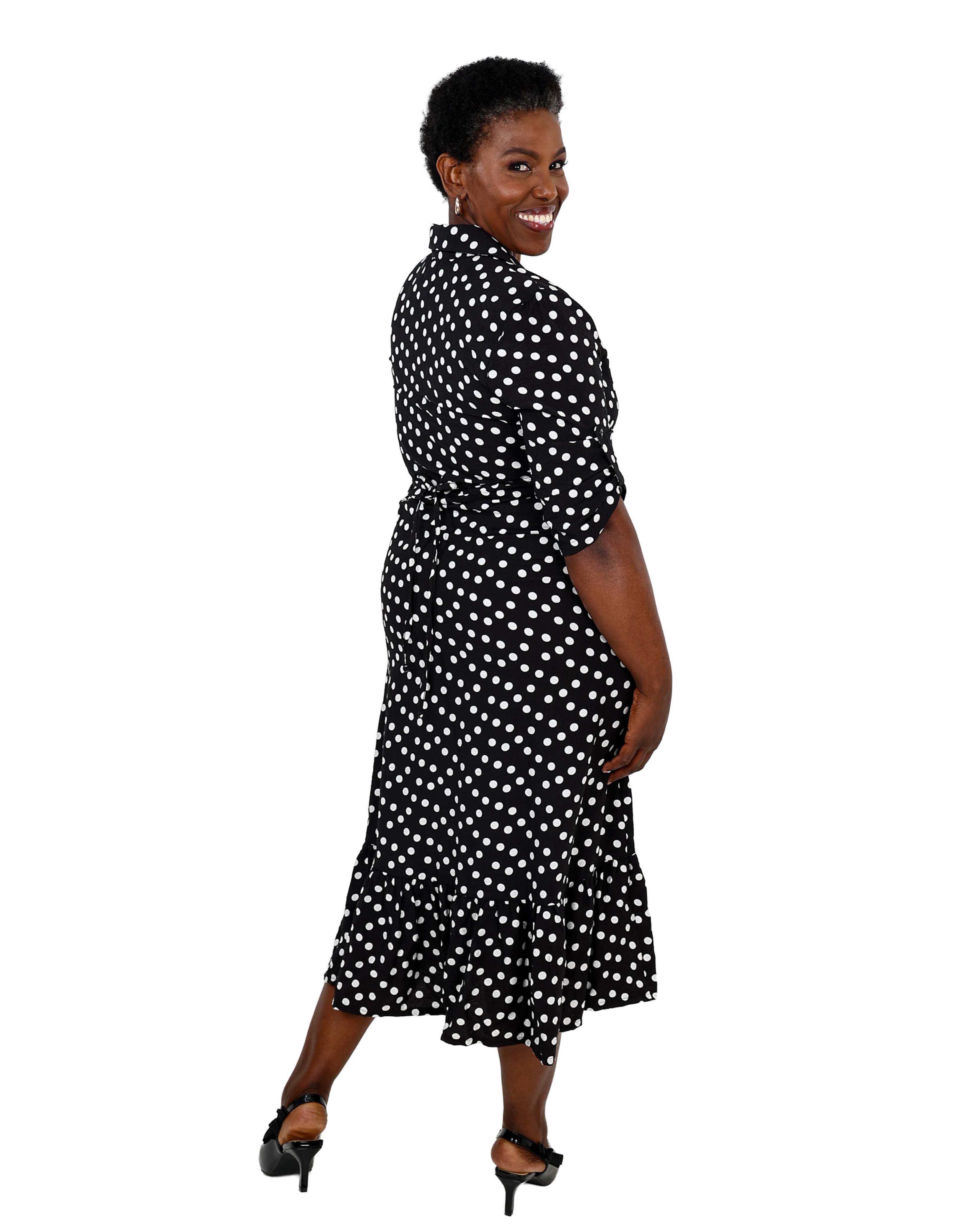 Short Sleeve Button Through Polka Dot Midi Dress