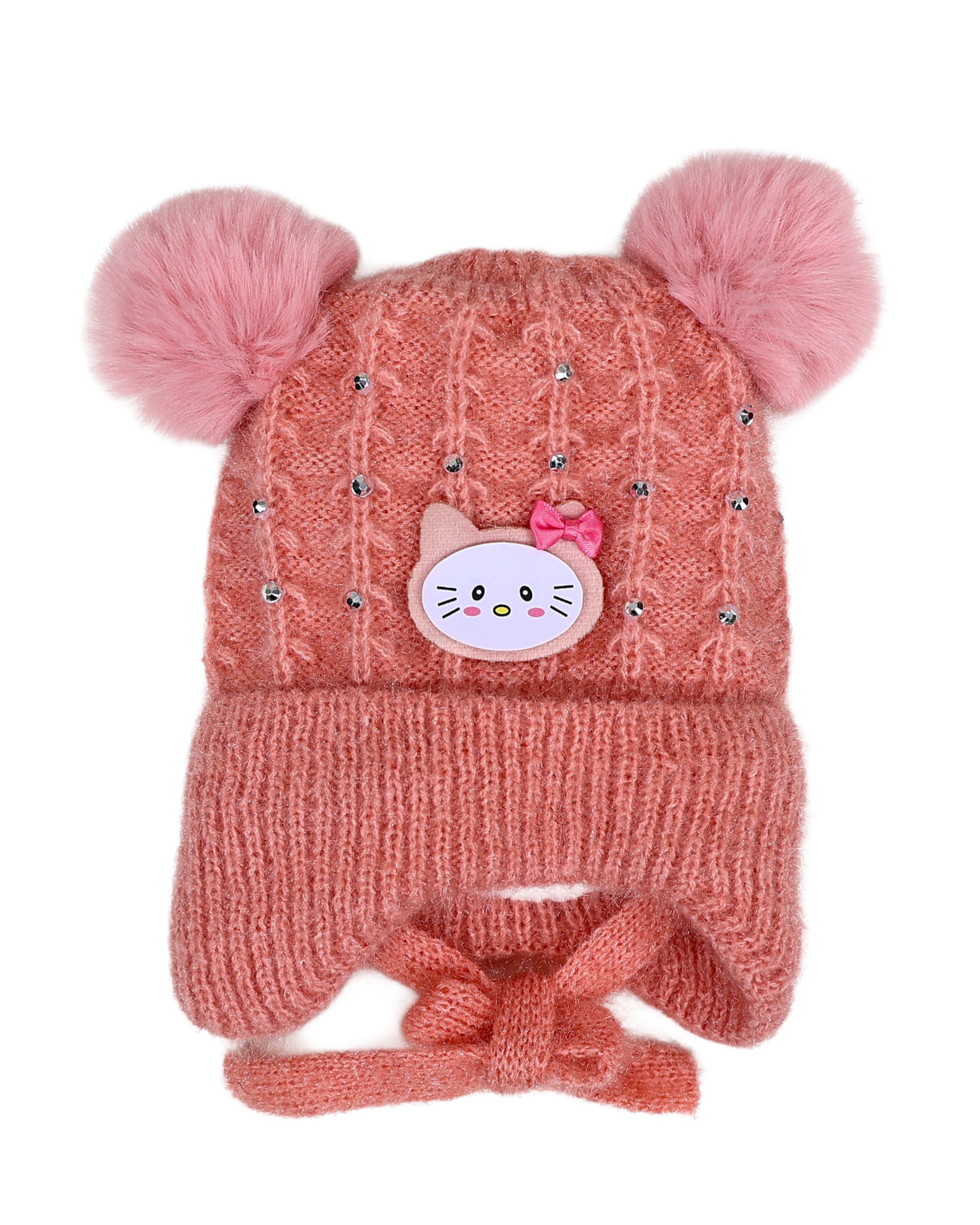 Pearl Embellished Double Pompom Blush Kitten Beanie