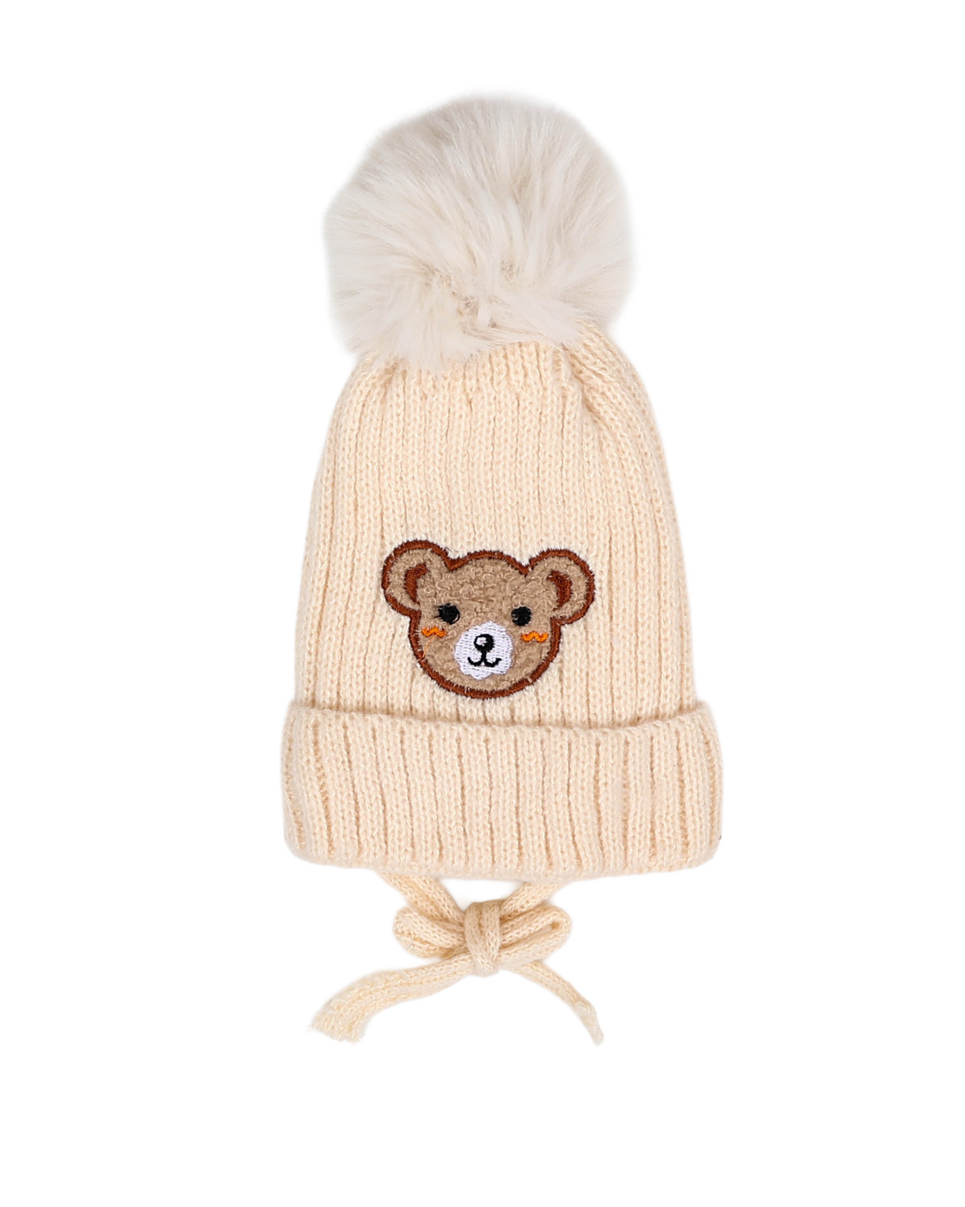 Teddy Appliqued Cream Pompom Beanie