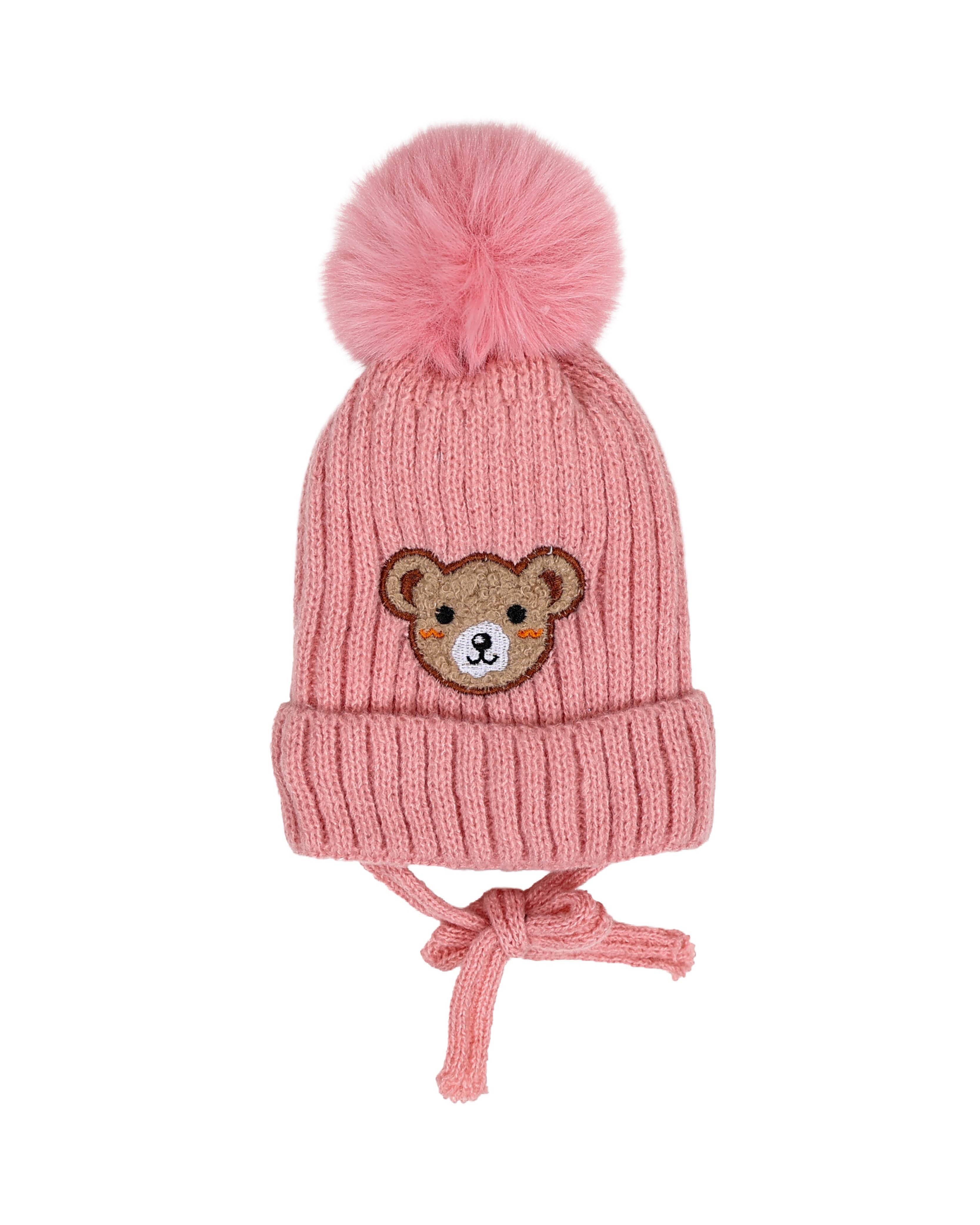 Teddy Appliqued Teddy Pink Pompom Beanie