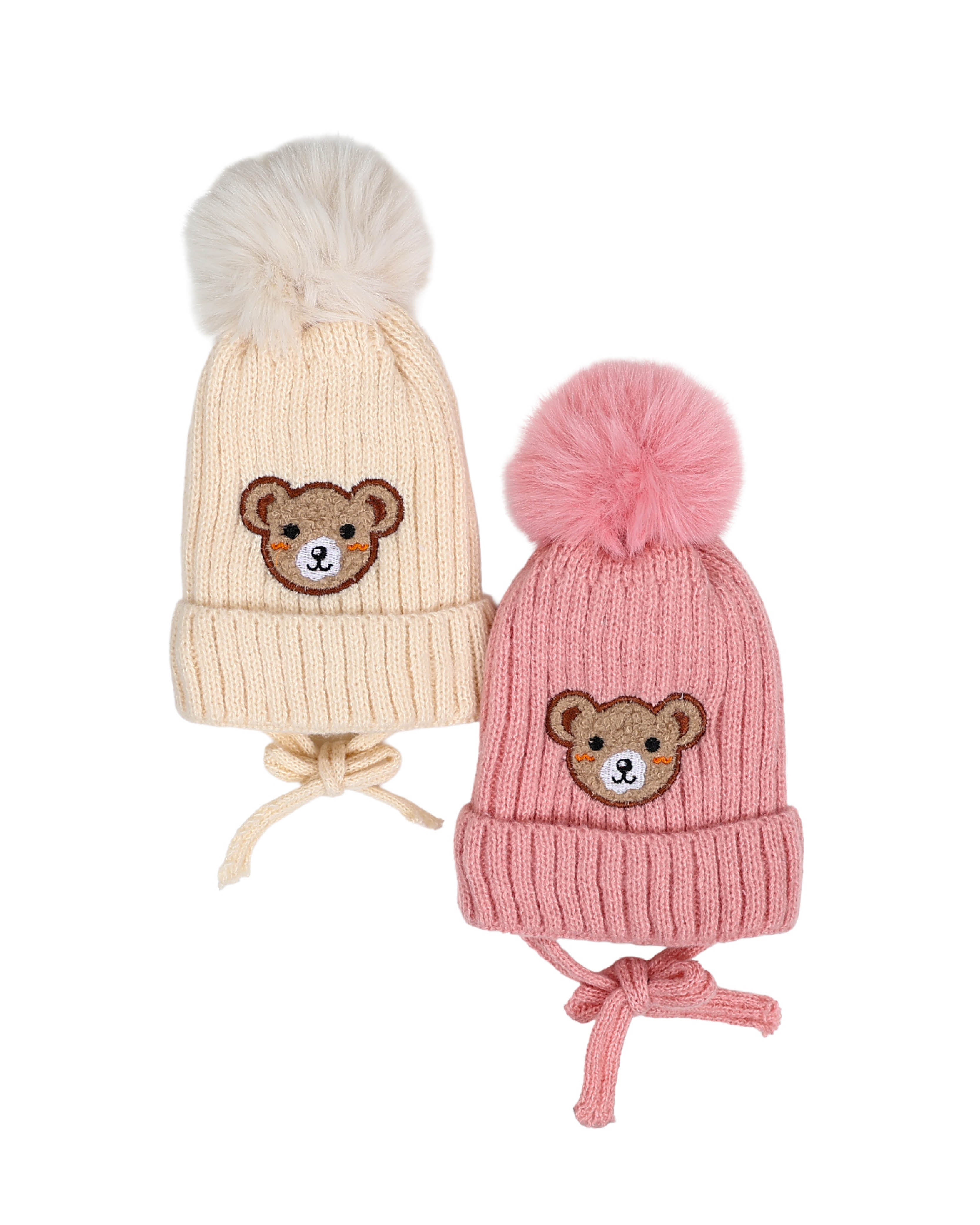 Teddy Appliqued Teddy Pink Pompom Beanie