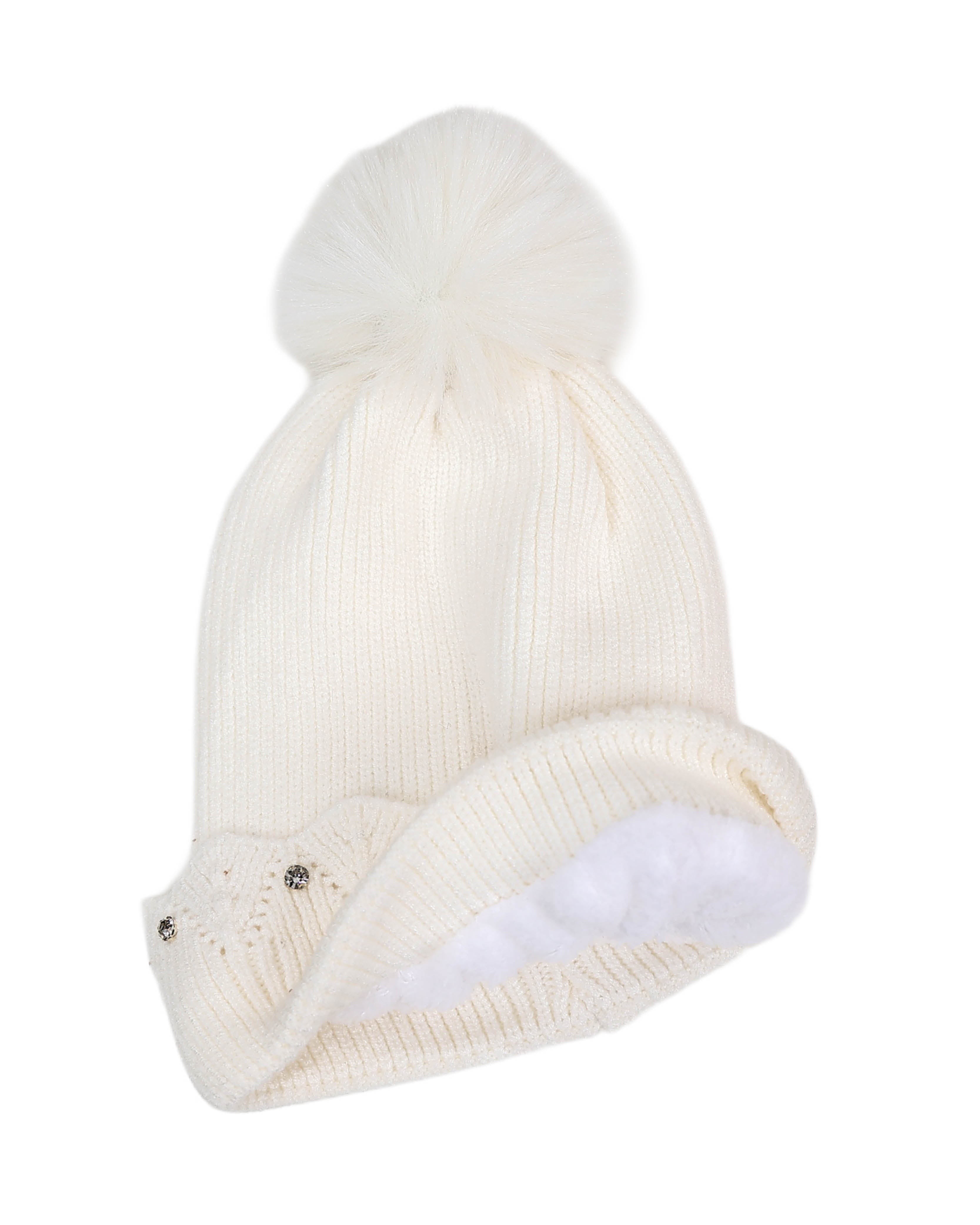 White Diamante Trim Pompom Beanie