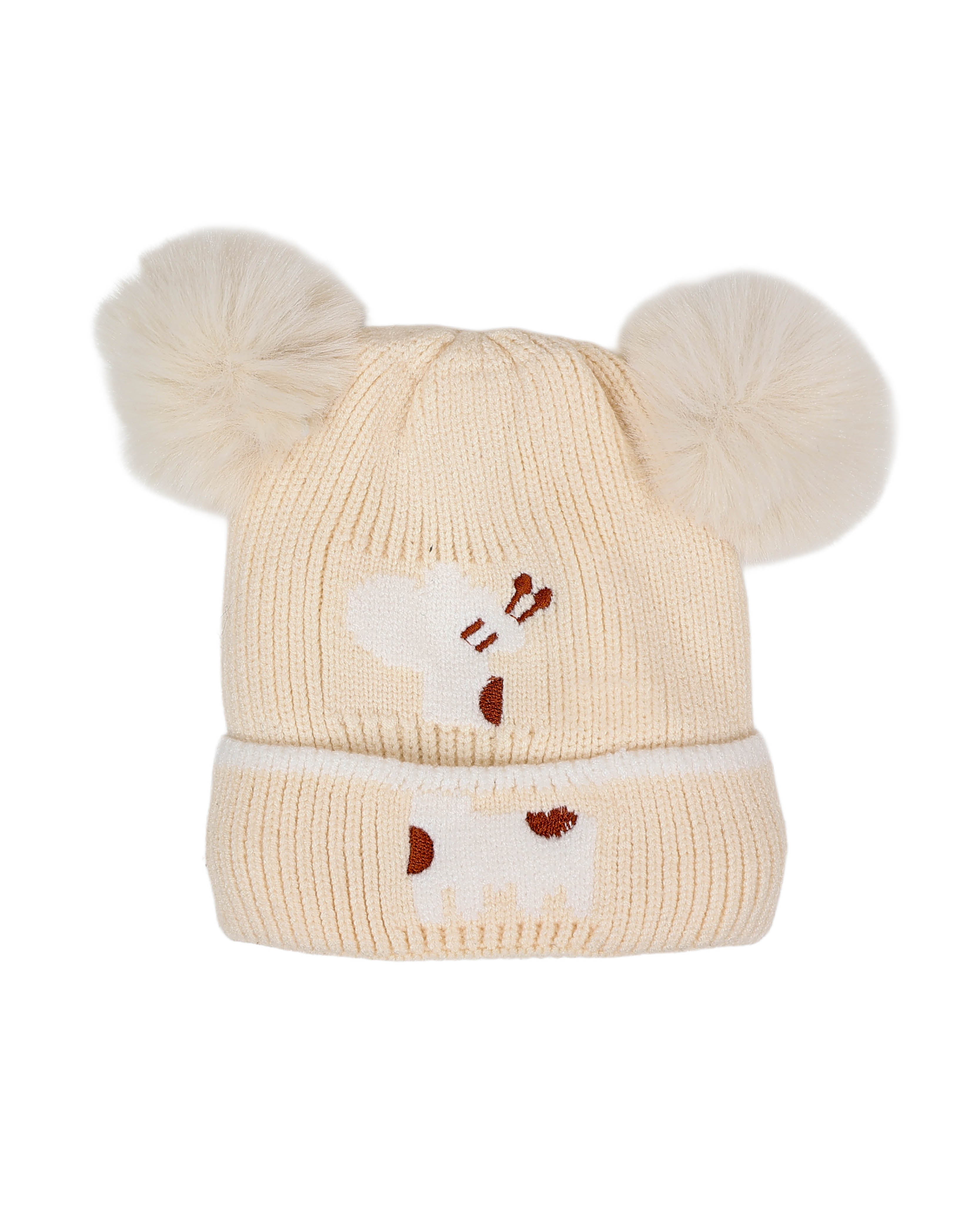 Girls Cream Giraffe Double Pompom Beanie