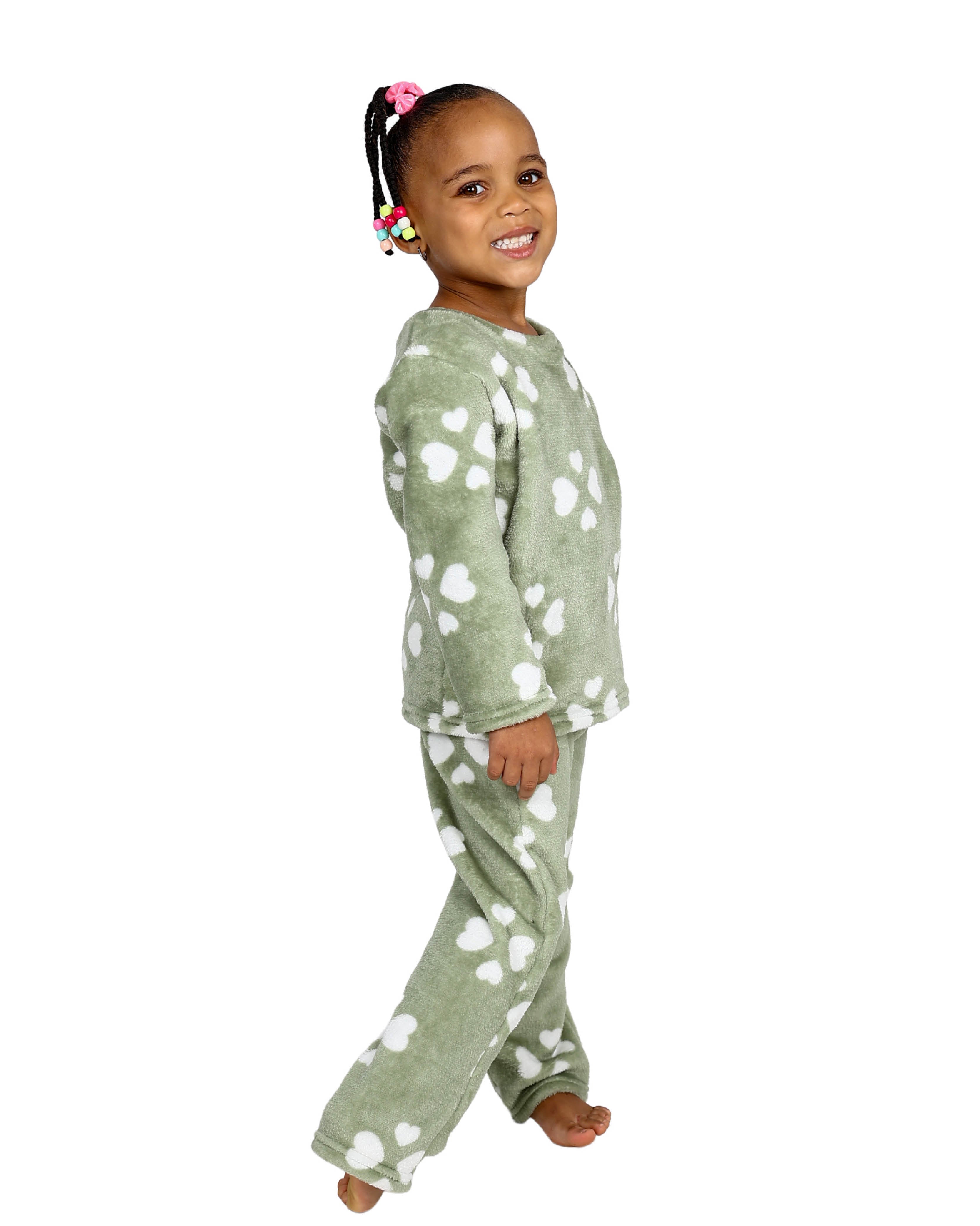 Sage Clover Hearts Fleece Long Pyjama Set