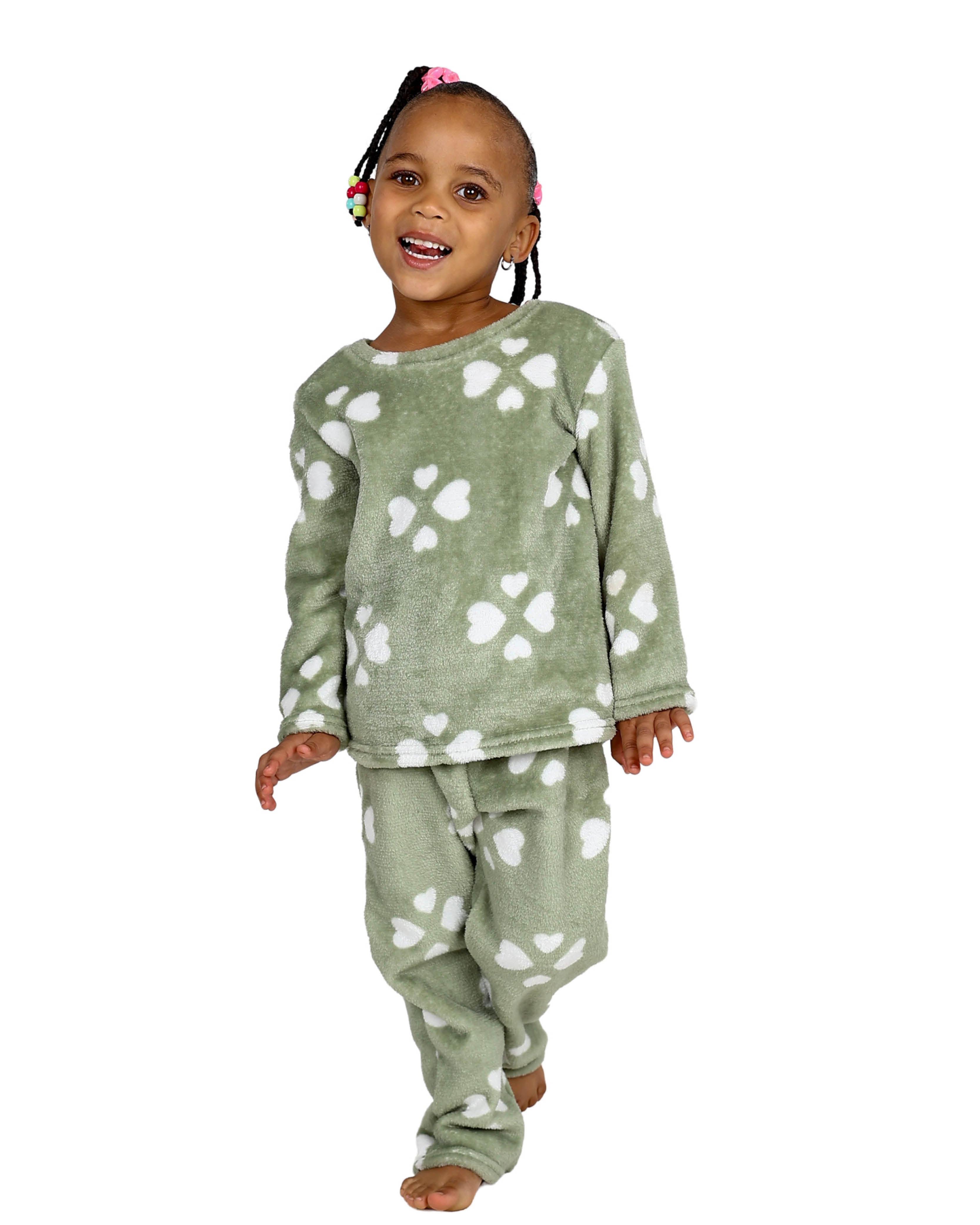 Sage Clover Hearts Fleece Long Pyjama Set