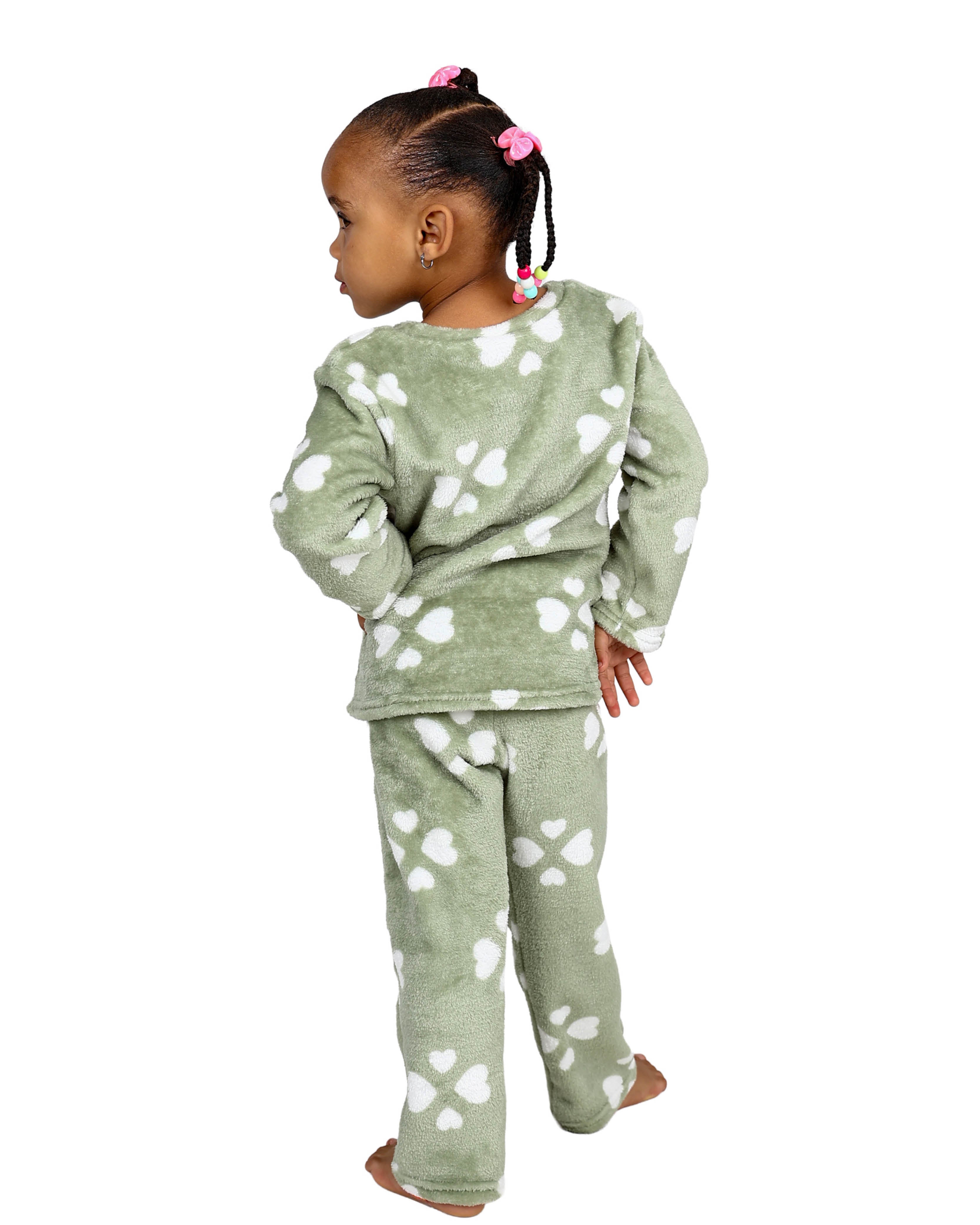Sage Clover Hearts Fleece Long Pyjama Set