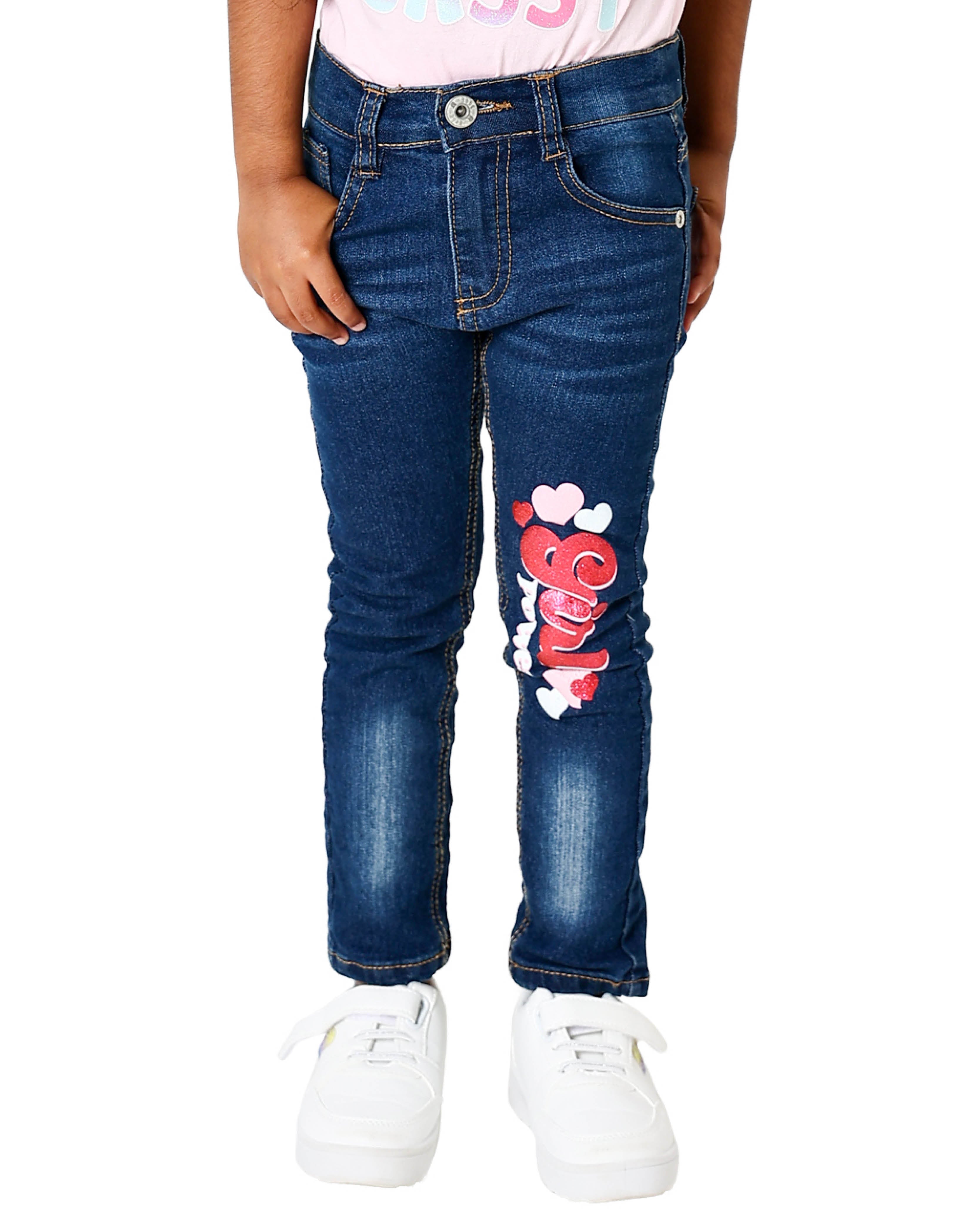 Dark Indigo Girl Power Printed Skinny Jeans