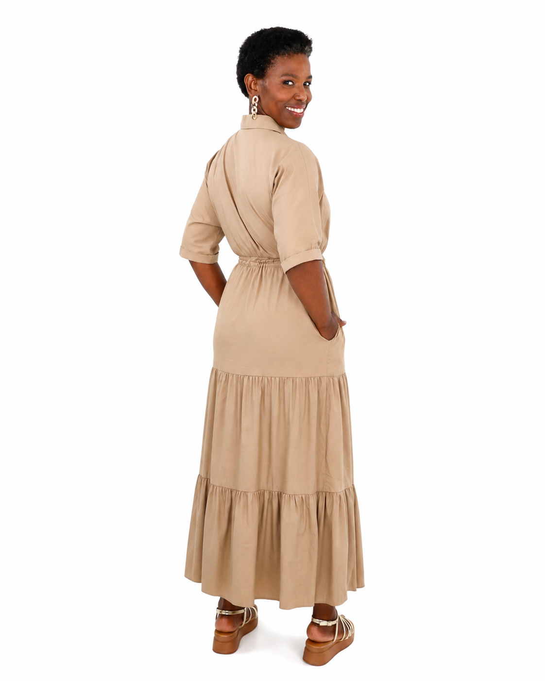 Mock Wrap Tiered Collared Dress