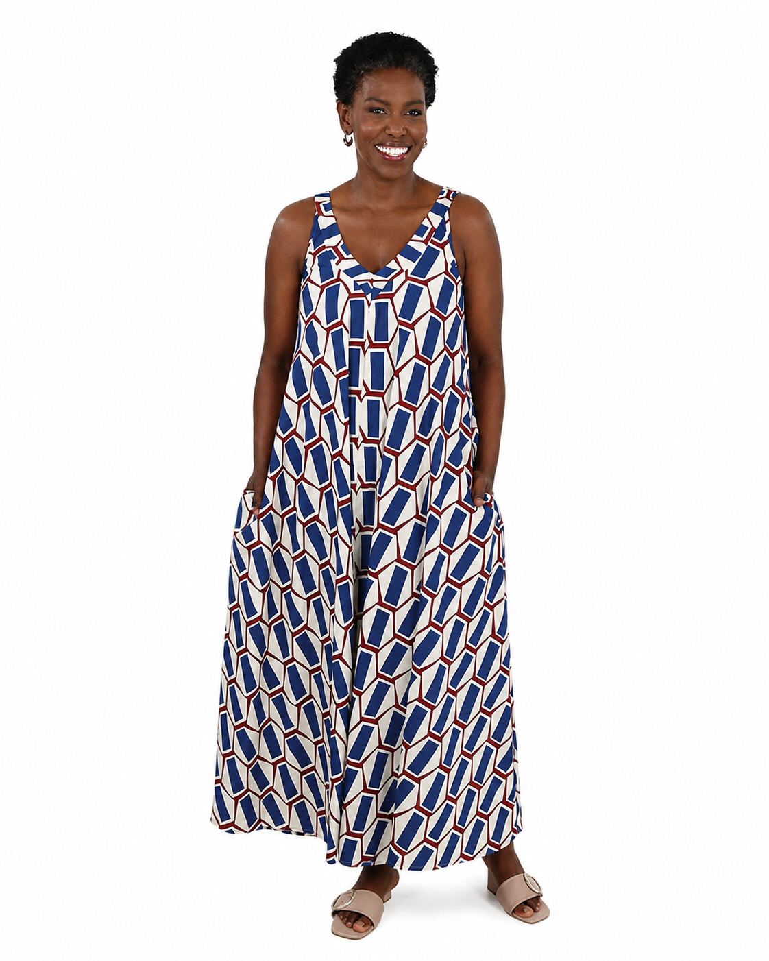 Sleeveless Geometric Print V-Neck Flared Maxi Dress
