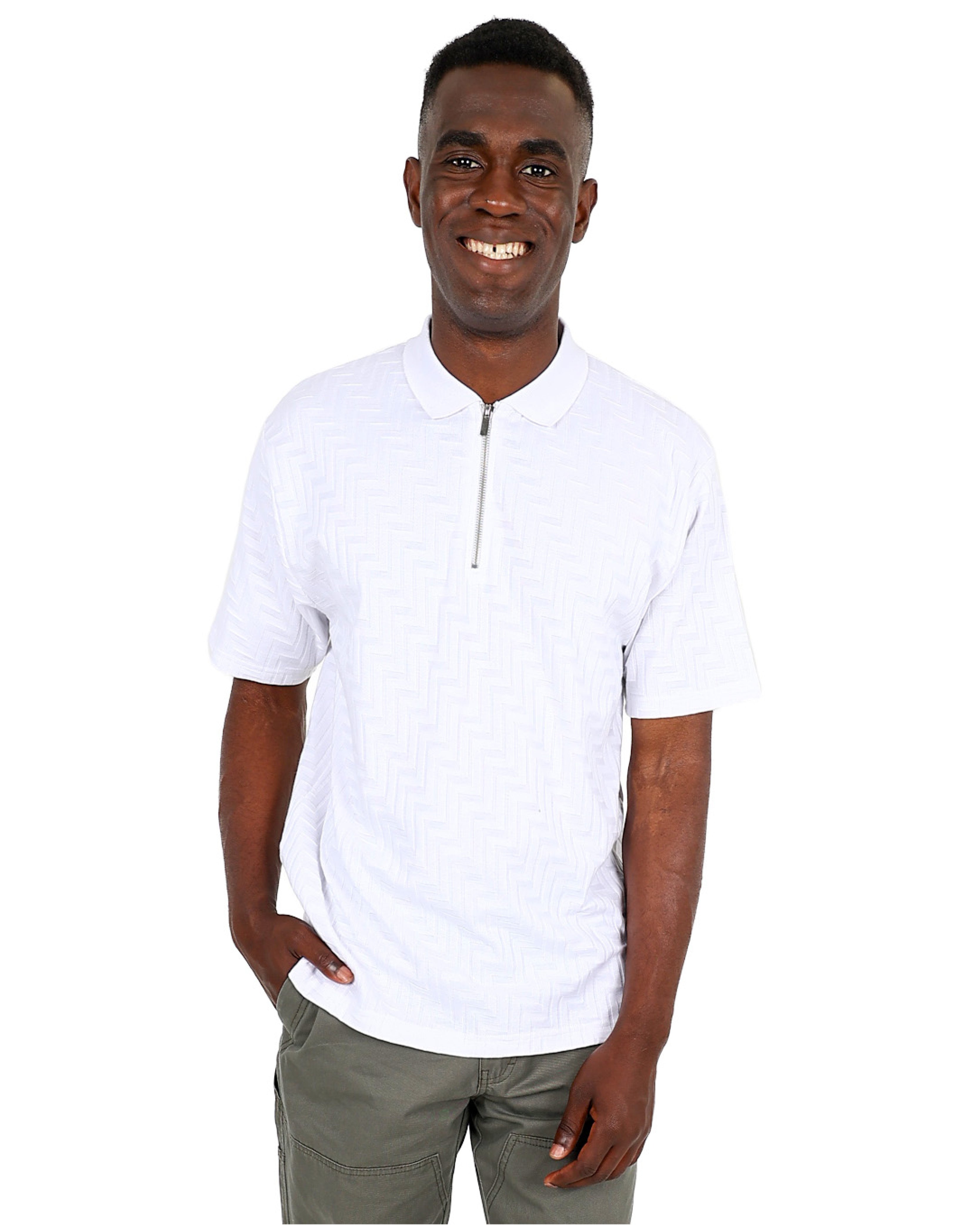 Short Sleeve White Zip Through Jacquard Golfer