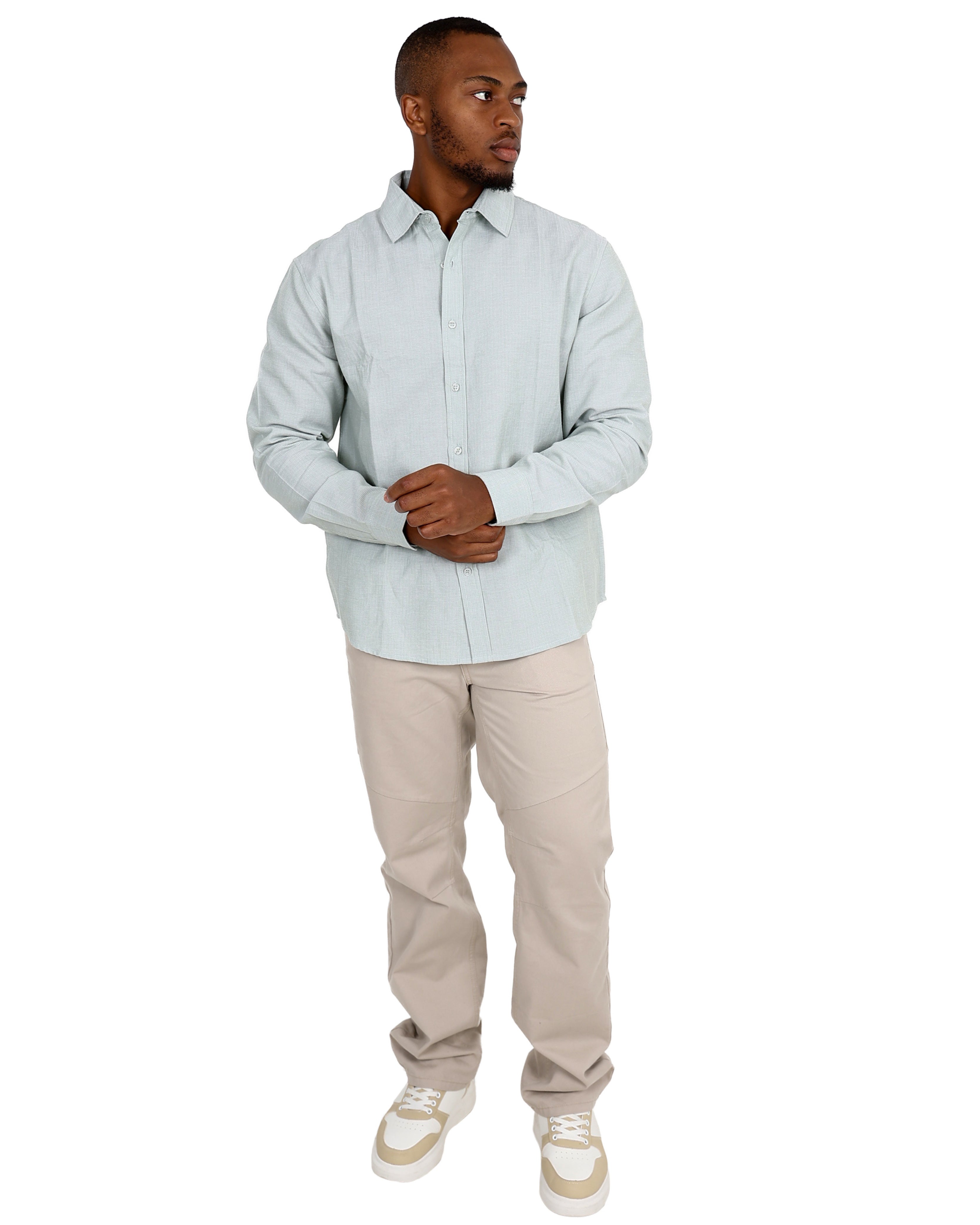 Long Sleeve Sage Mini Waffle Textured Cotton Shirt