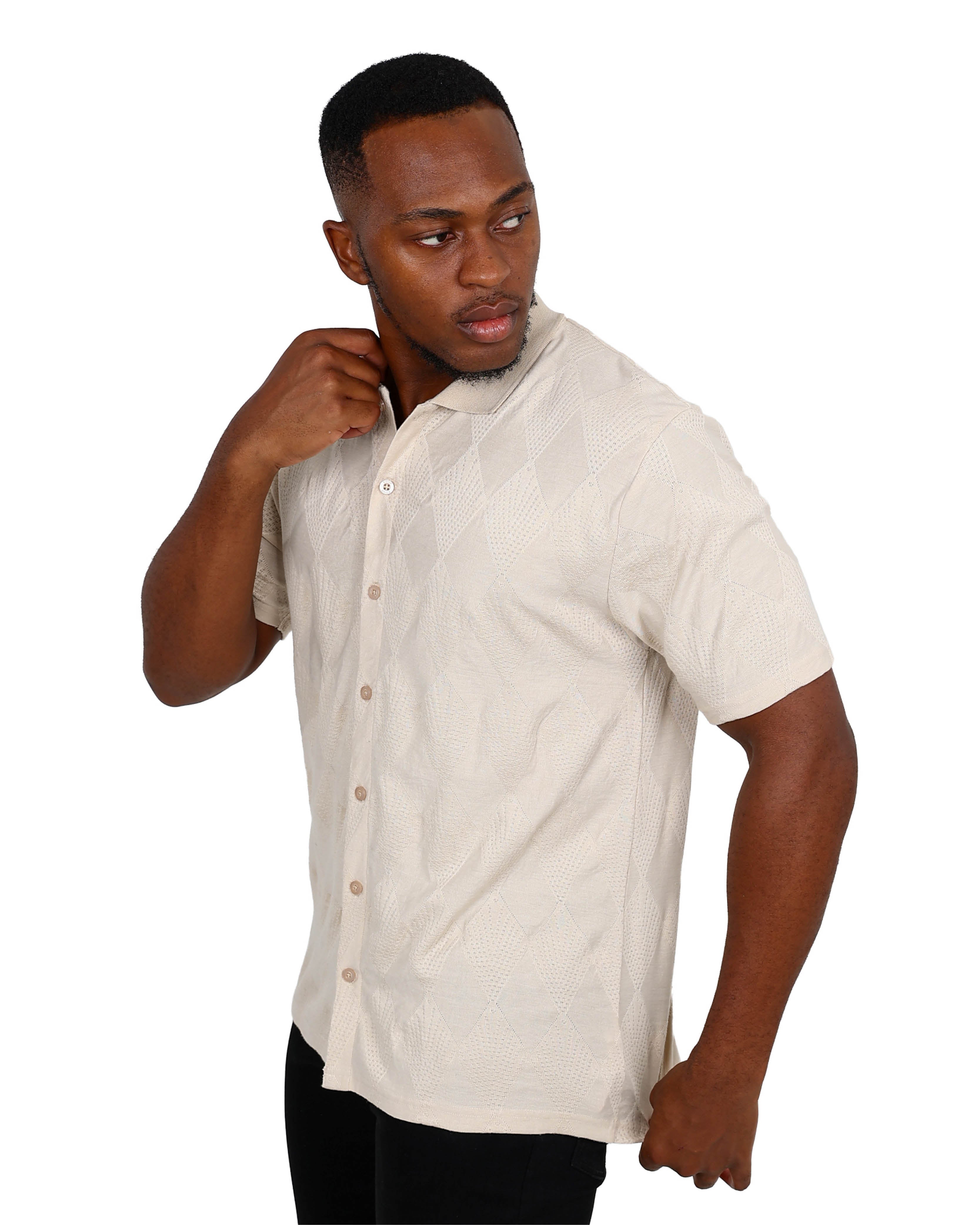 Short Sleeve Button Up Stone Jacquard Golfer
