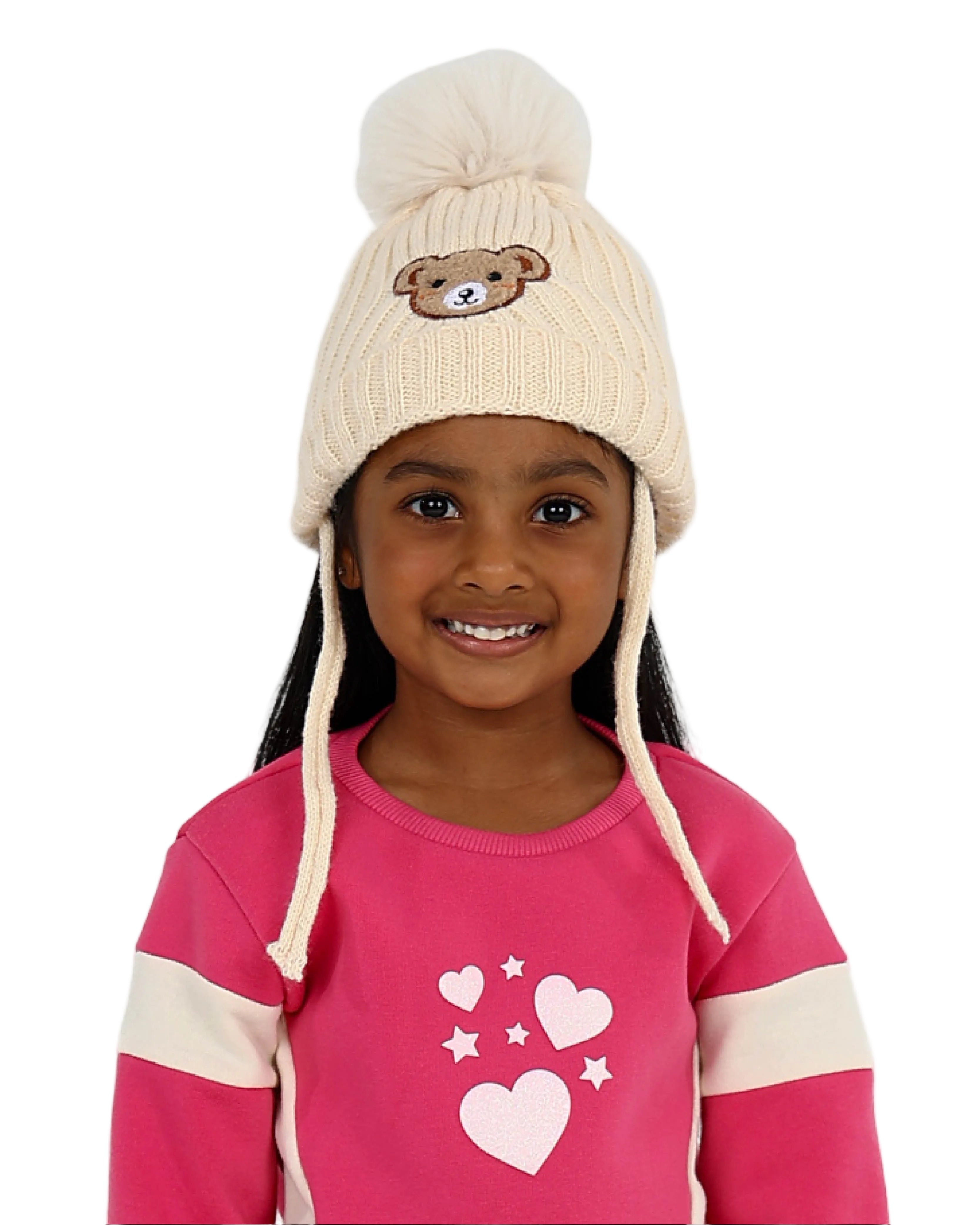 Teddy Appliqued Cream Pompom Beanie