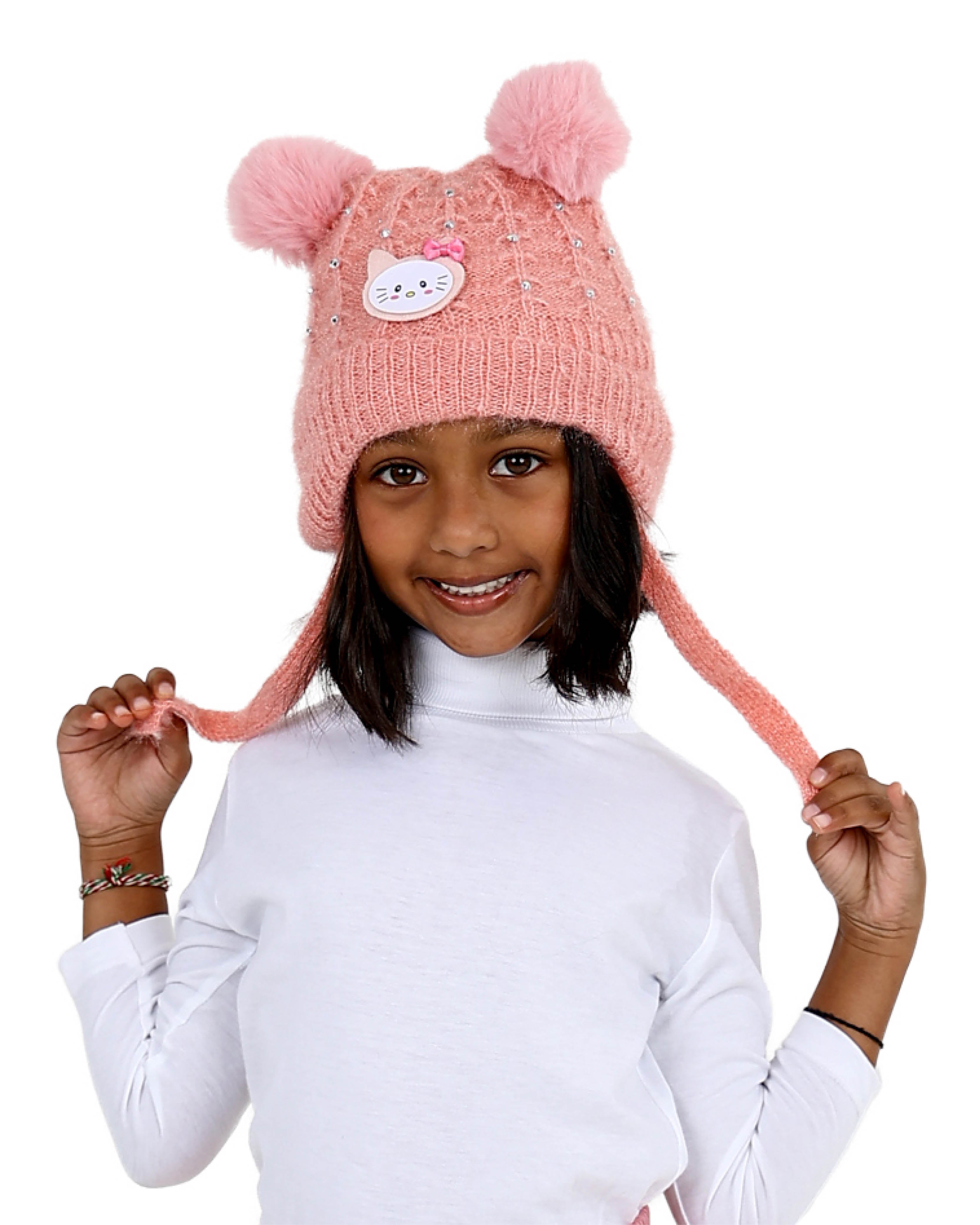 Pearl Embellished Double Pompom Blush Kitten Beanie