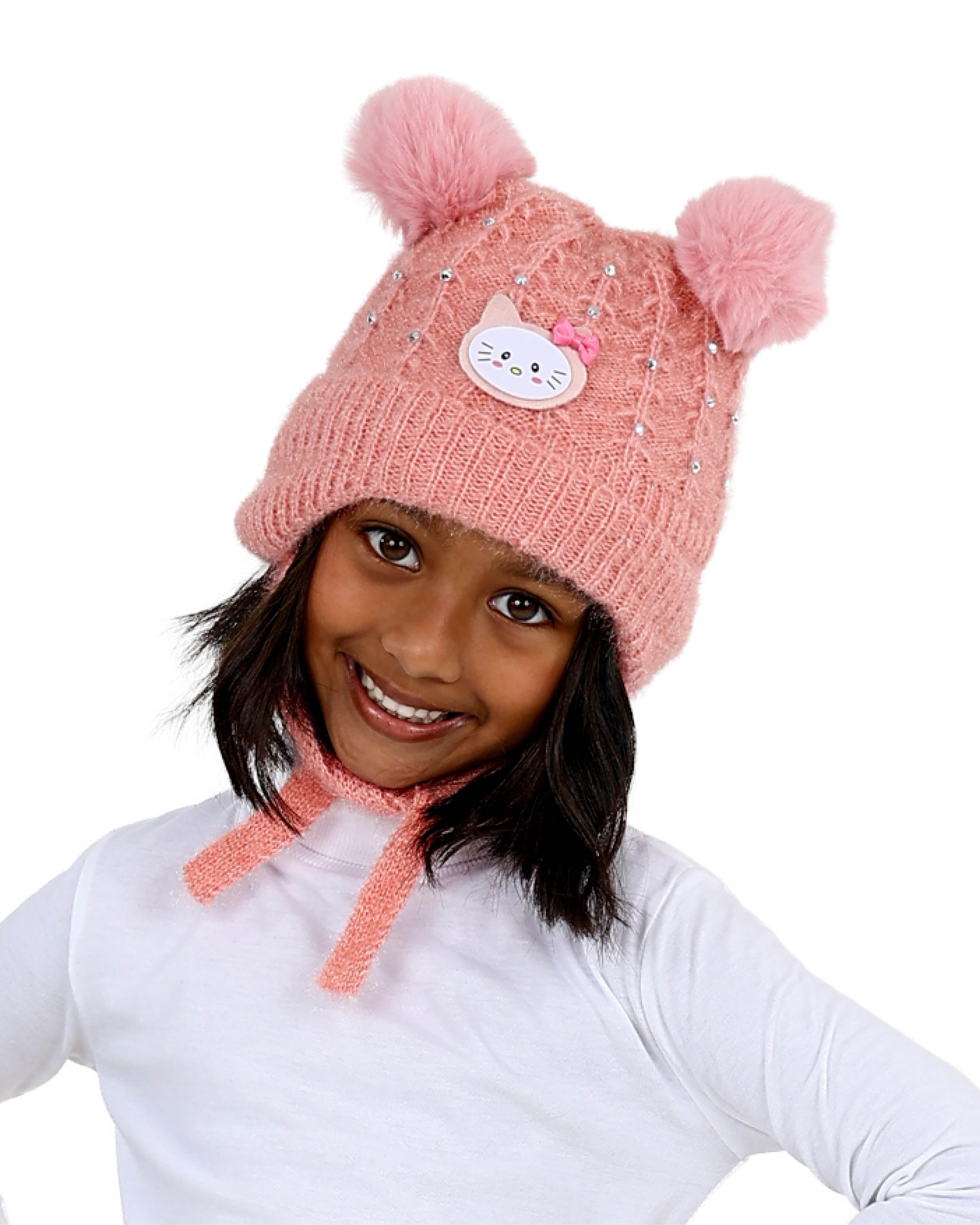 Pearl Embellished Double Pompom Blush Kitten Beanie