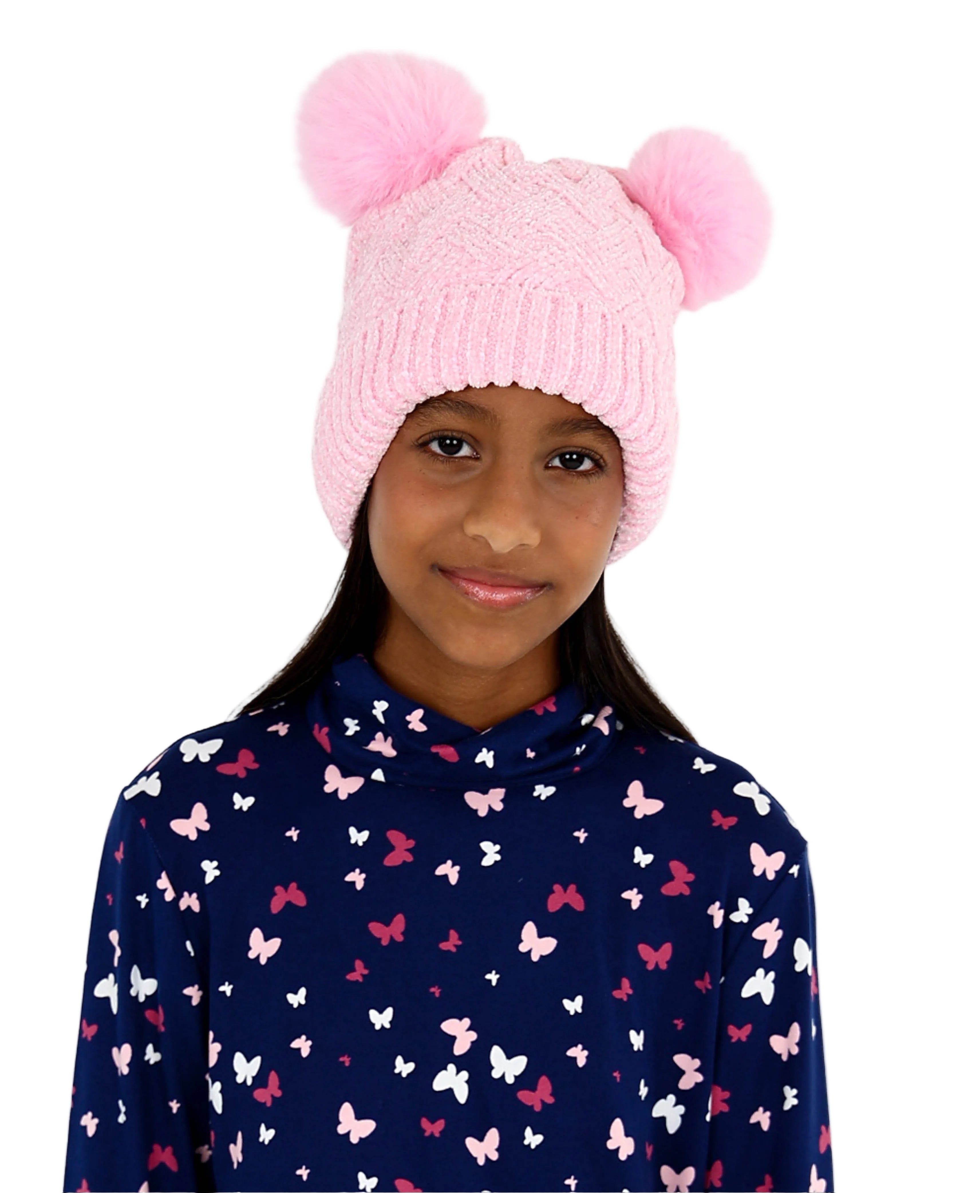 Pink Chenille Double Pompom Beanie