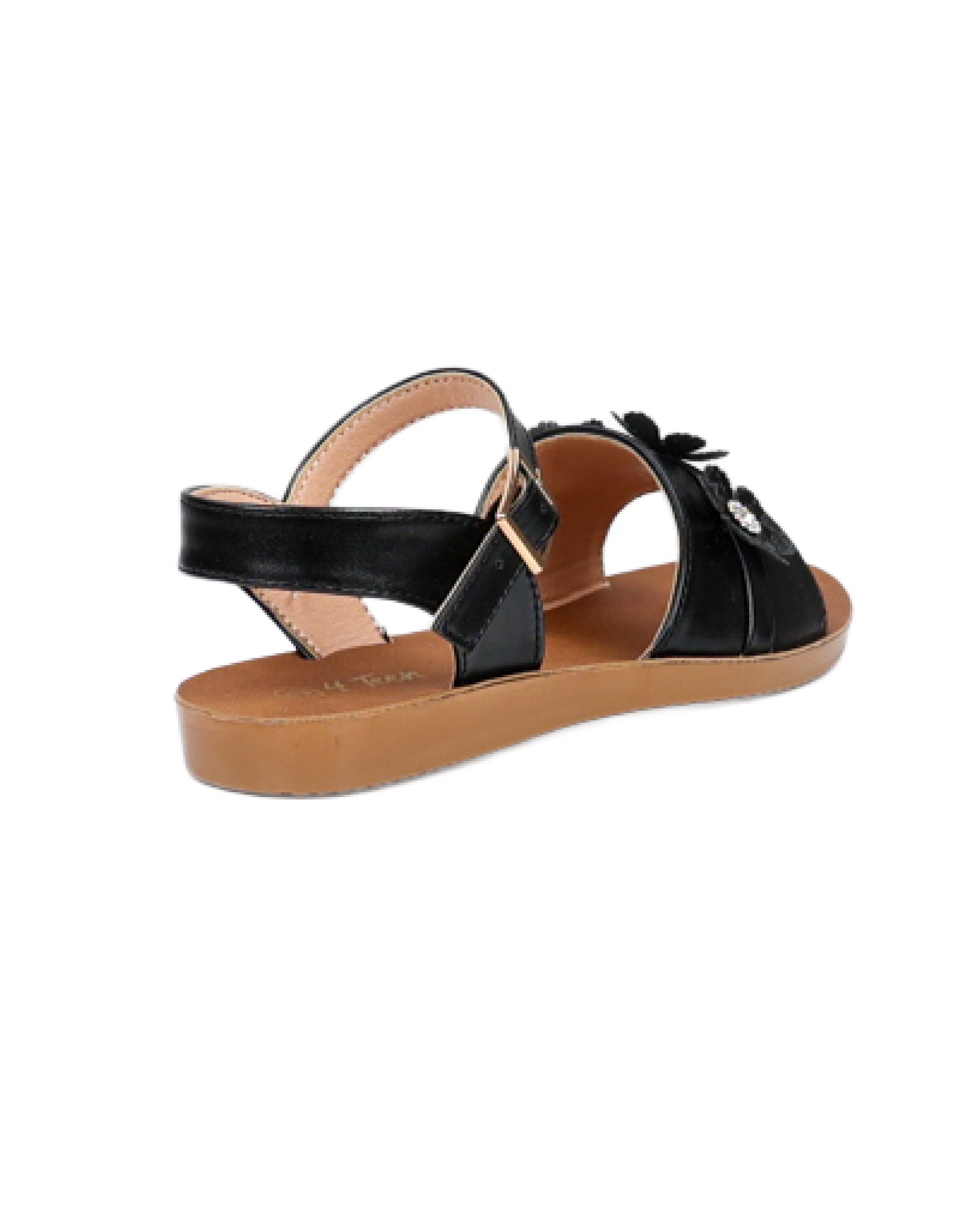 Girls Black Floral Applique Sandals