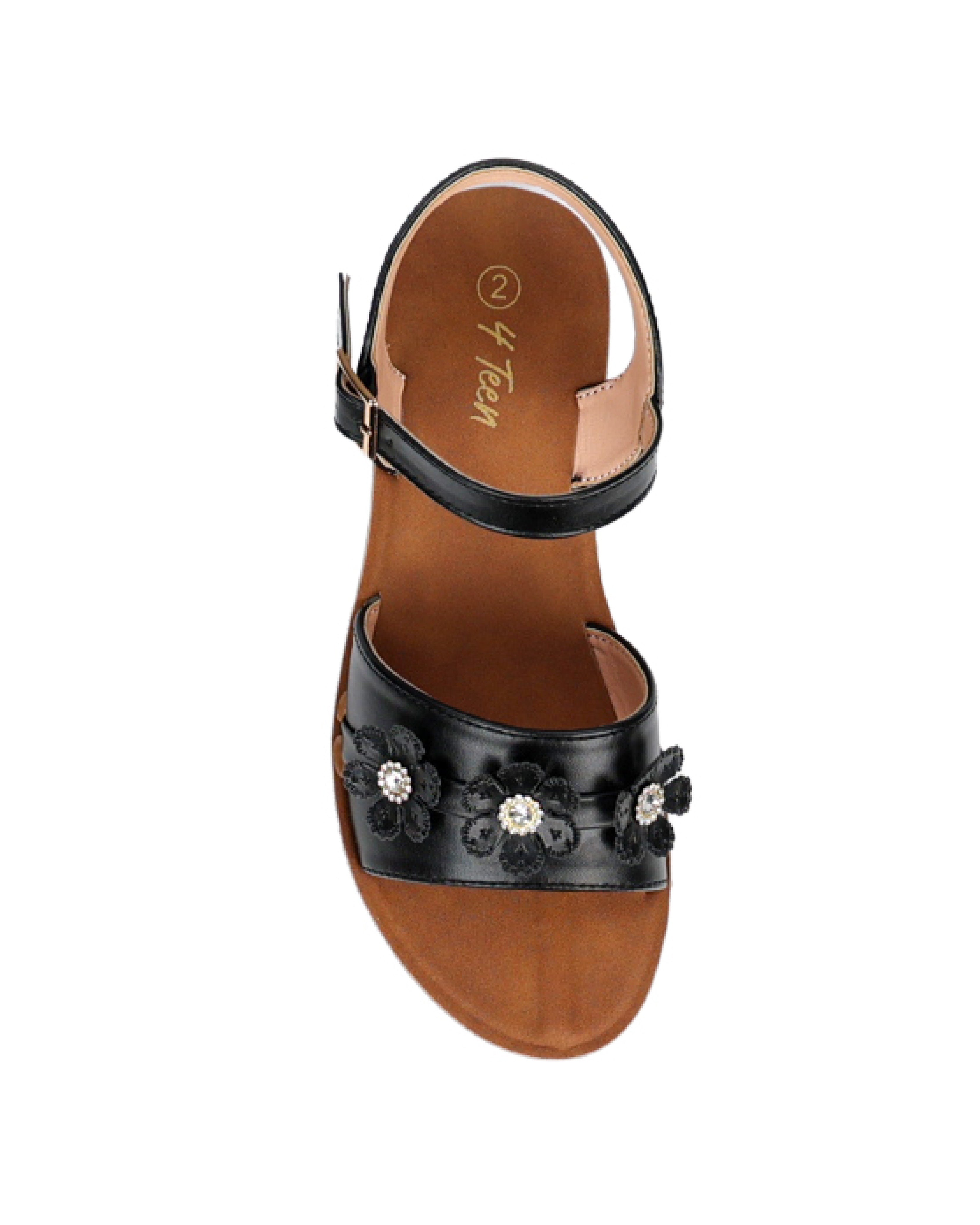 Girls Black Floral Applique Sandals
