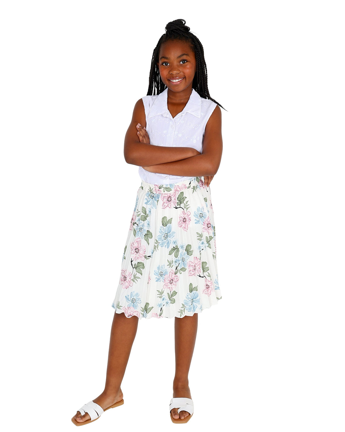 Cream Pleated Floral Skirt