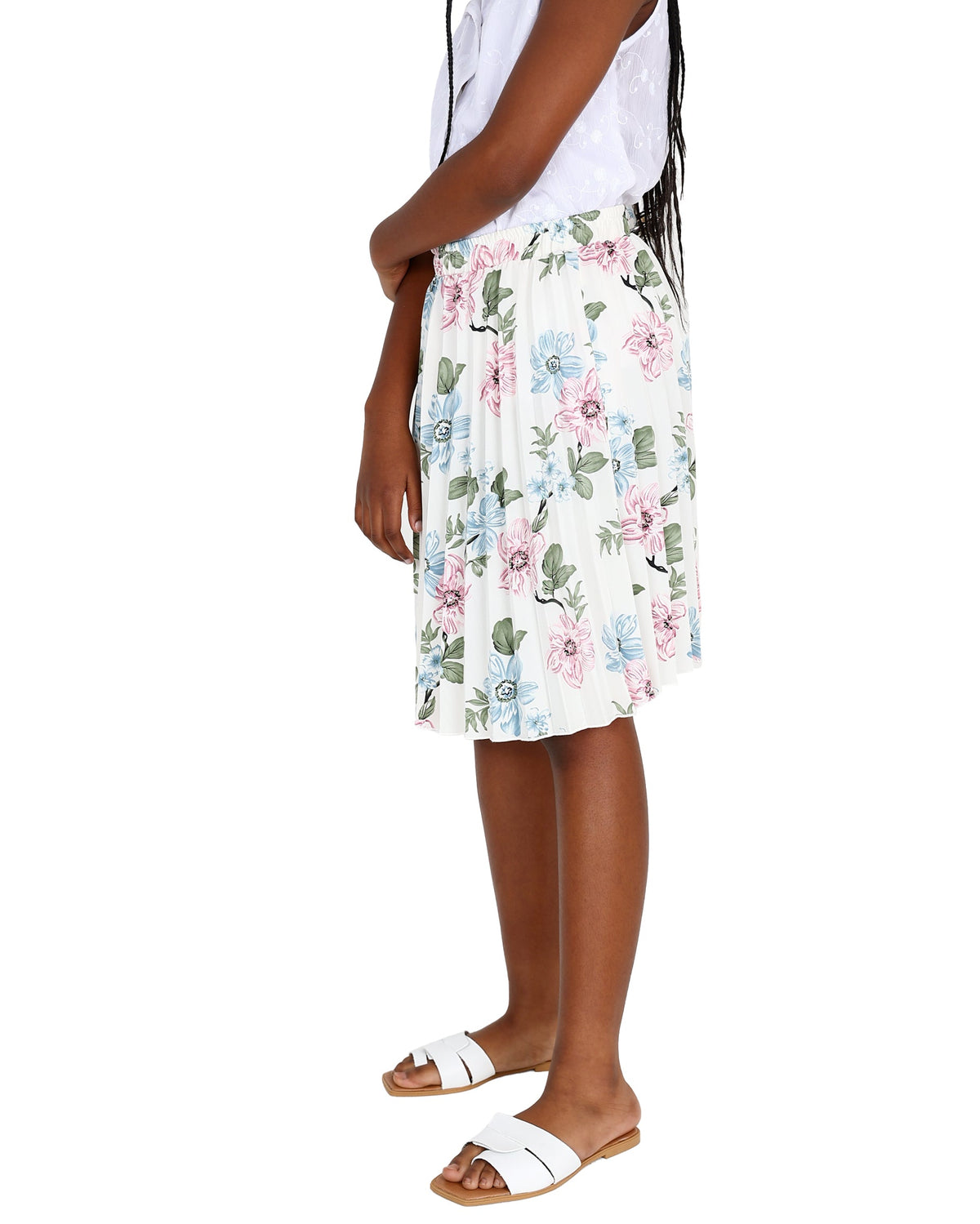 Cream Pleated Floral Skirt