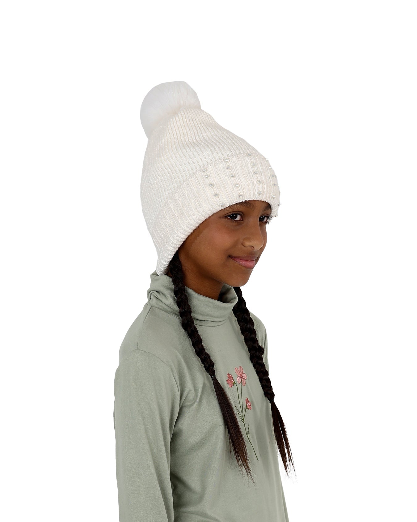 White Decorative Pearl Pompom Beanie