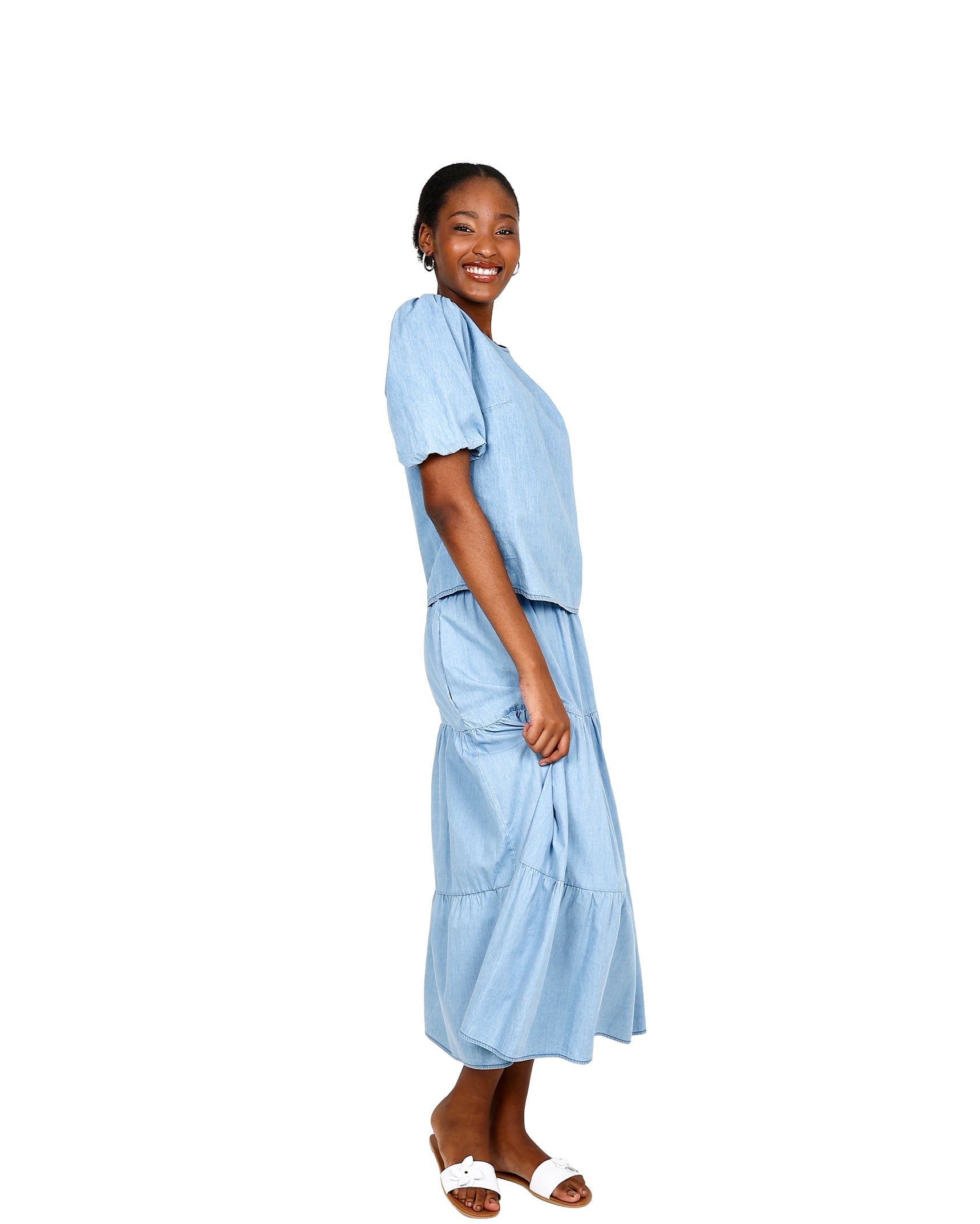Denim Tiered Maxi Skirt