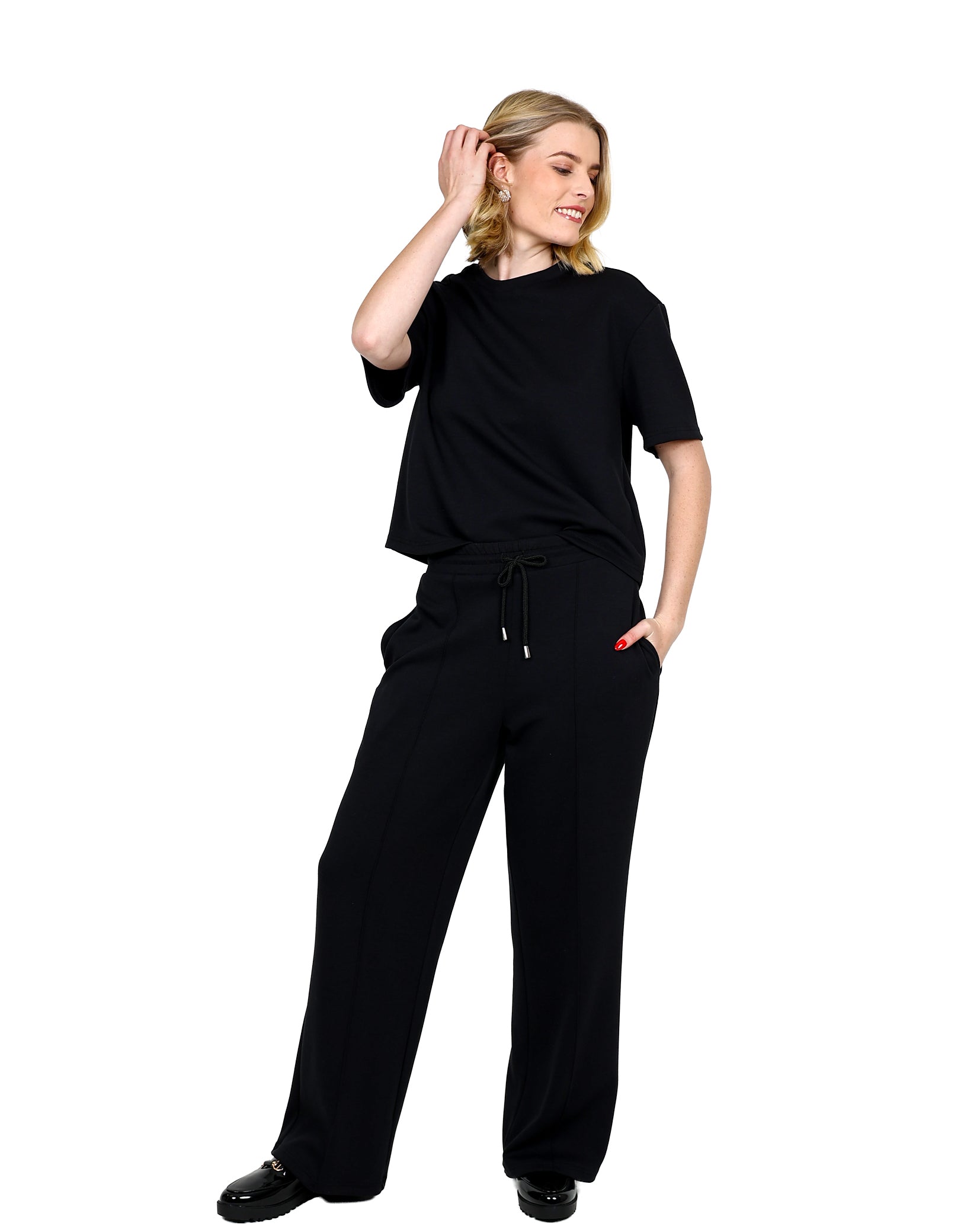 Black Wide Leg Scuba Pintuck Pants