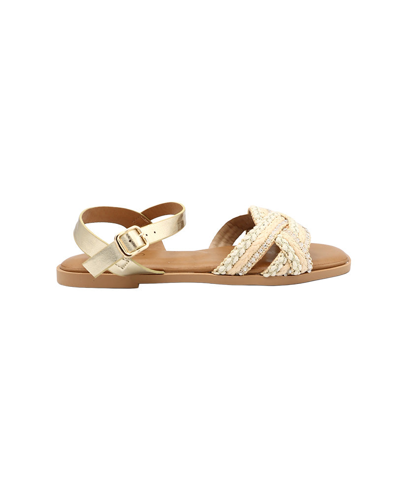 Beige Embellished Braid Detail Ankle Strap Sandals