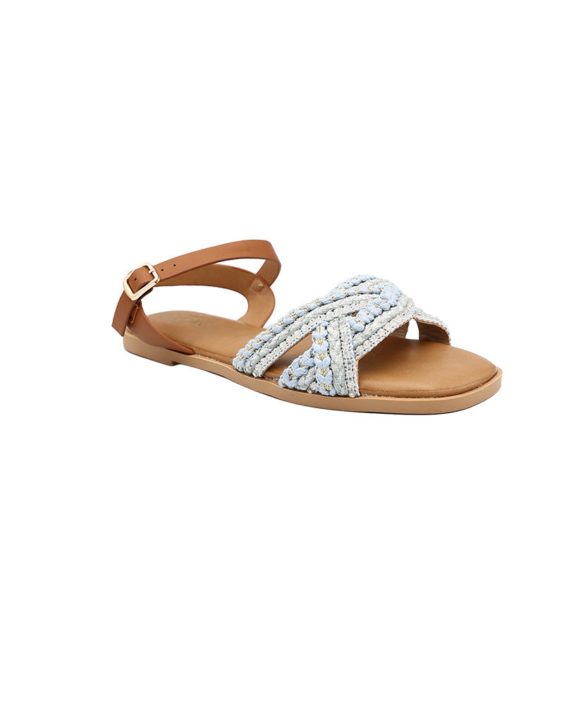 Blue Embellished Braid Detail Ankle Strap Sandals