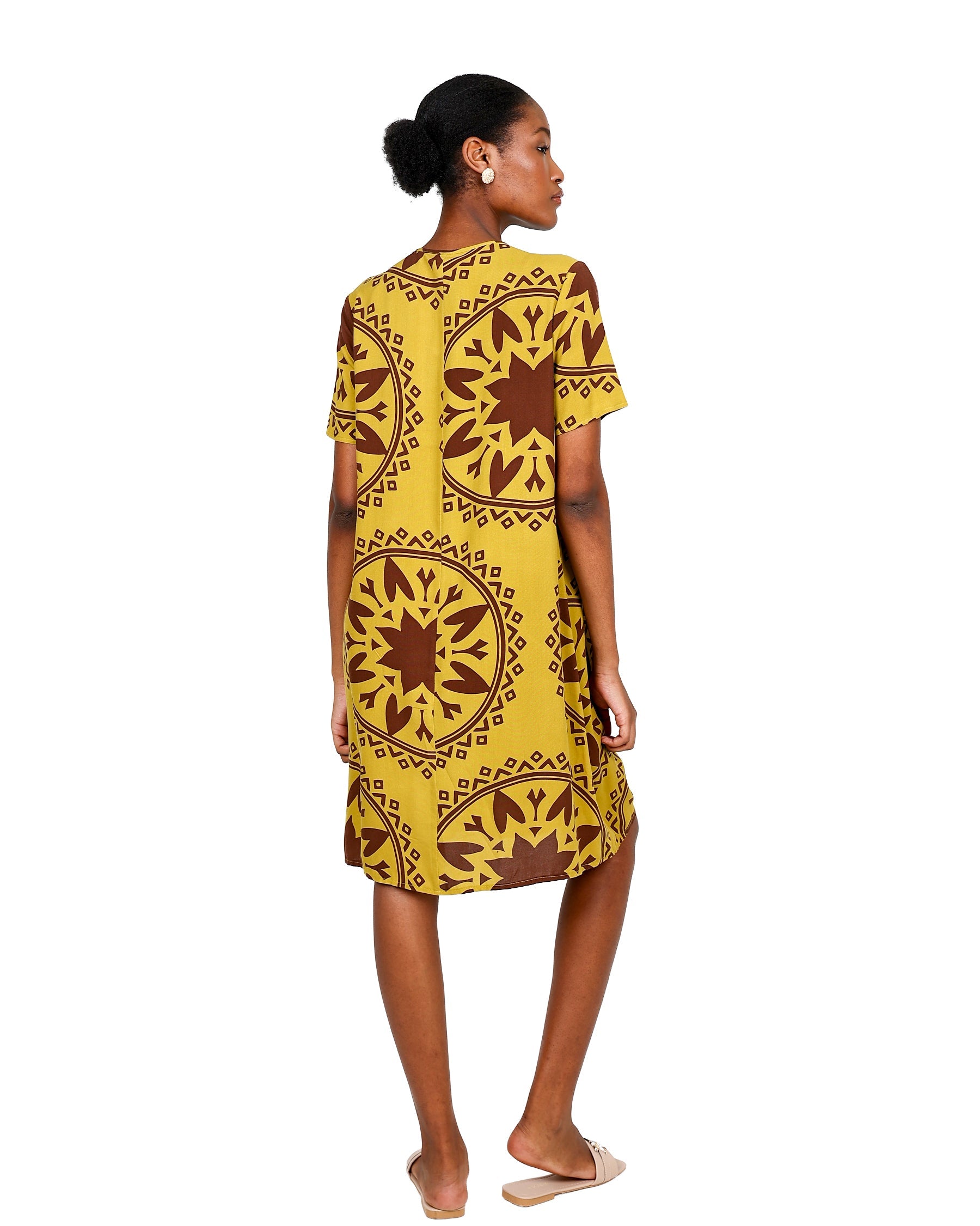Mustard Short Sleeve Front Pleat Printed Shift Dress