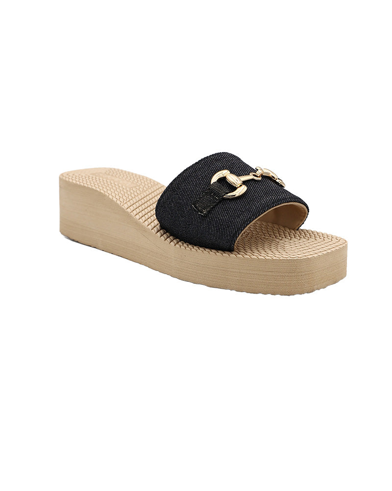 Black Denim Snaffle Detail Wedge
