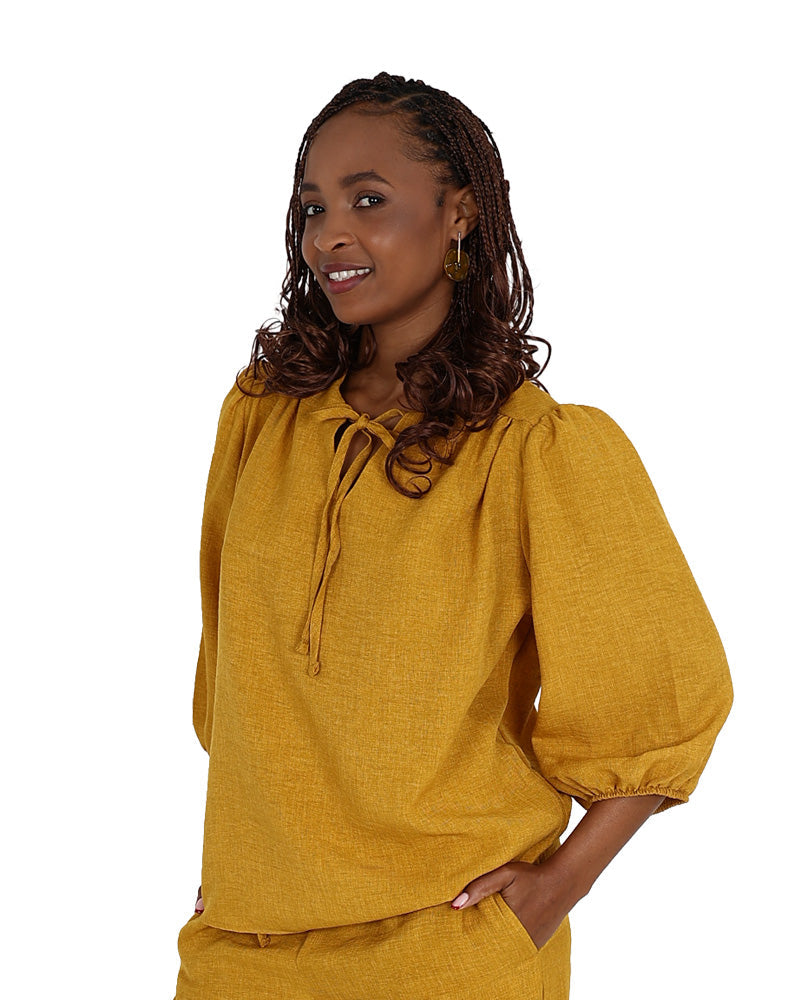 3/4 Puff Sleeve Mustard Tie Front Blouse