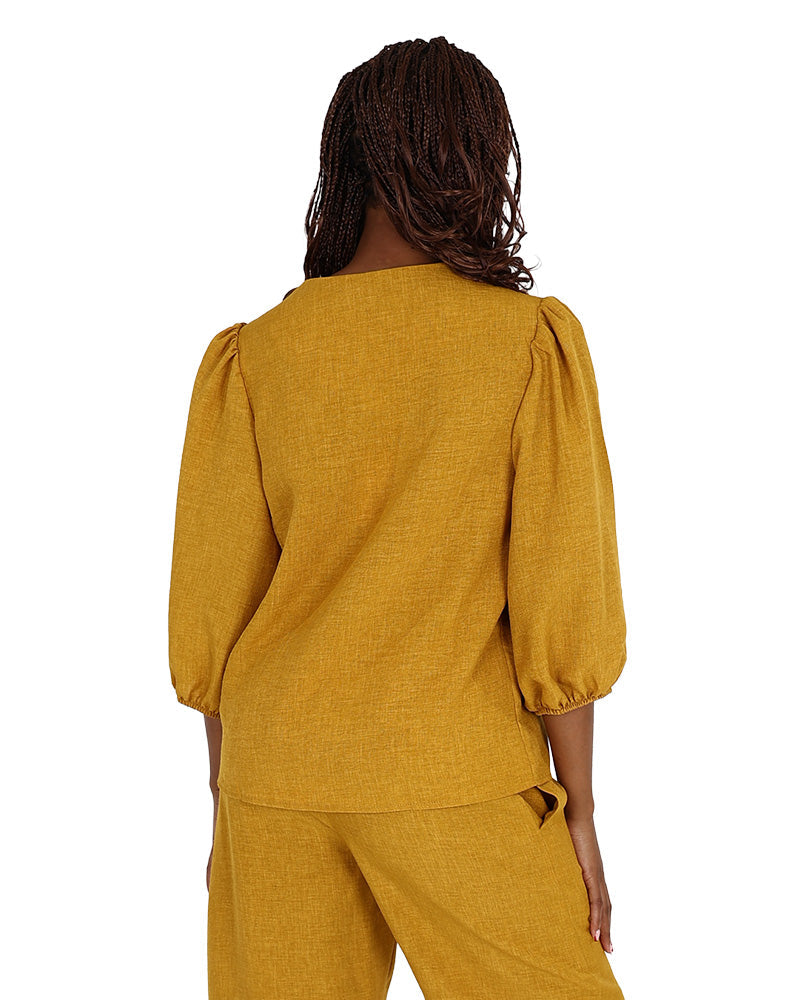 3/4 Puff Sleeve Mustard Tie Front Blouse
