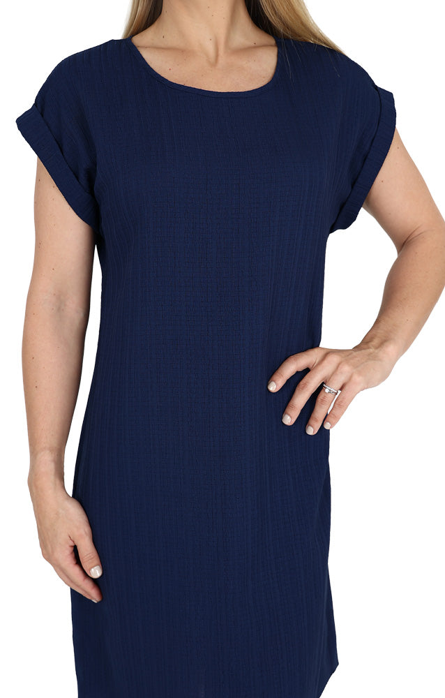 Navy Short Sleeve Crinkle Shift Dress