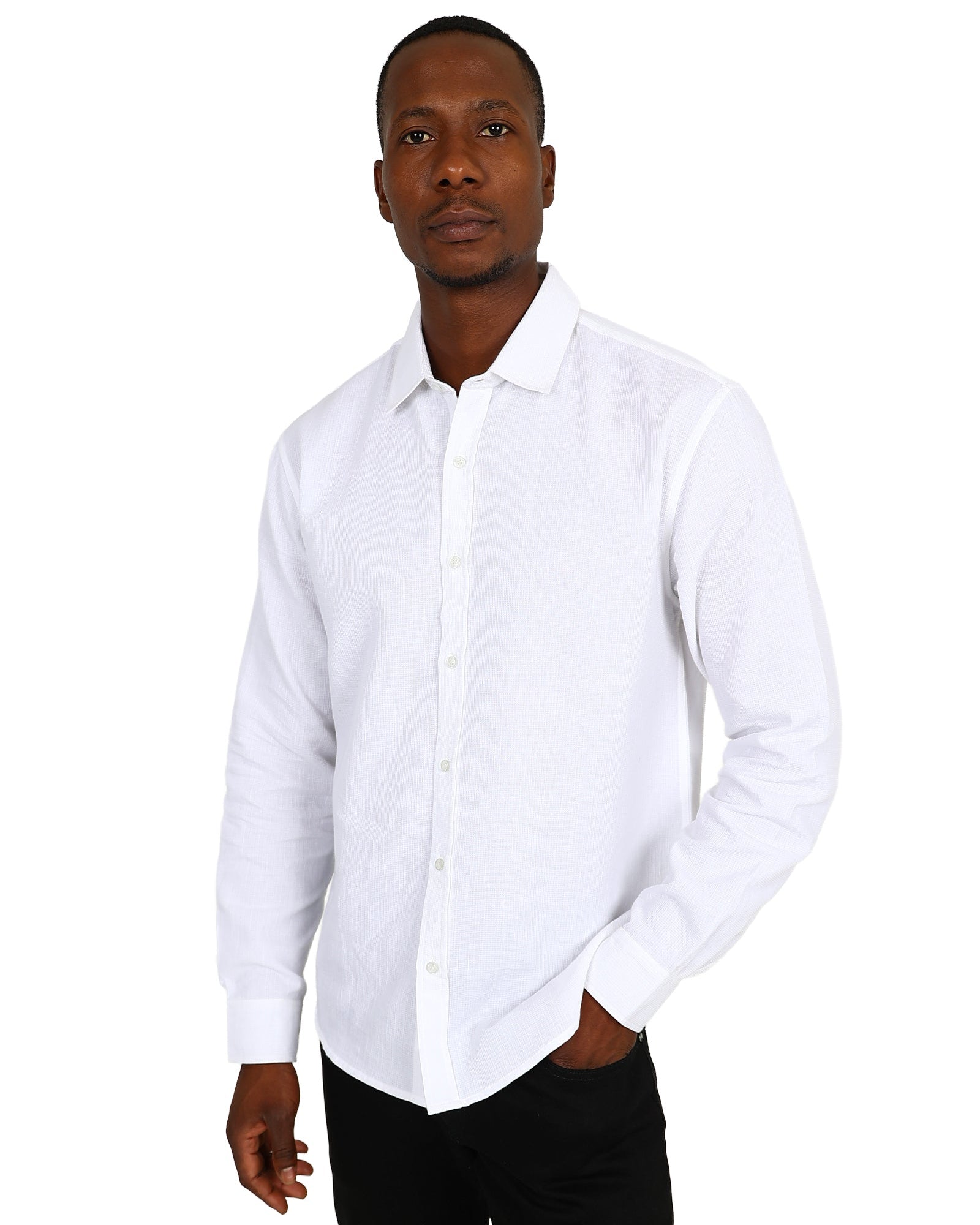 Long Sleeve White Waffle Textured Shirt