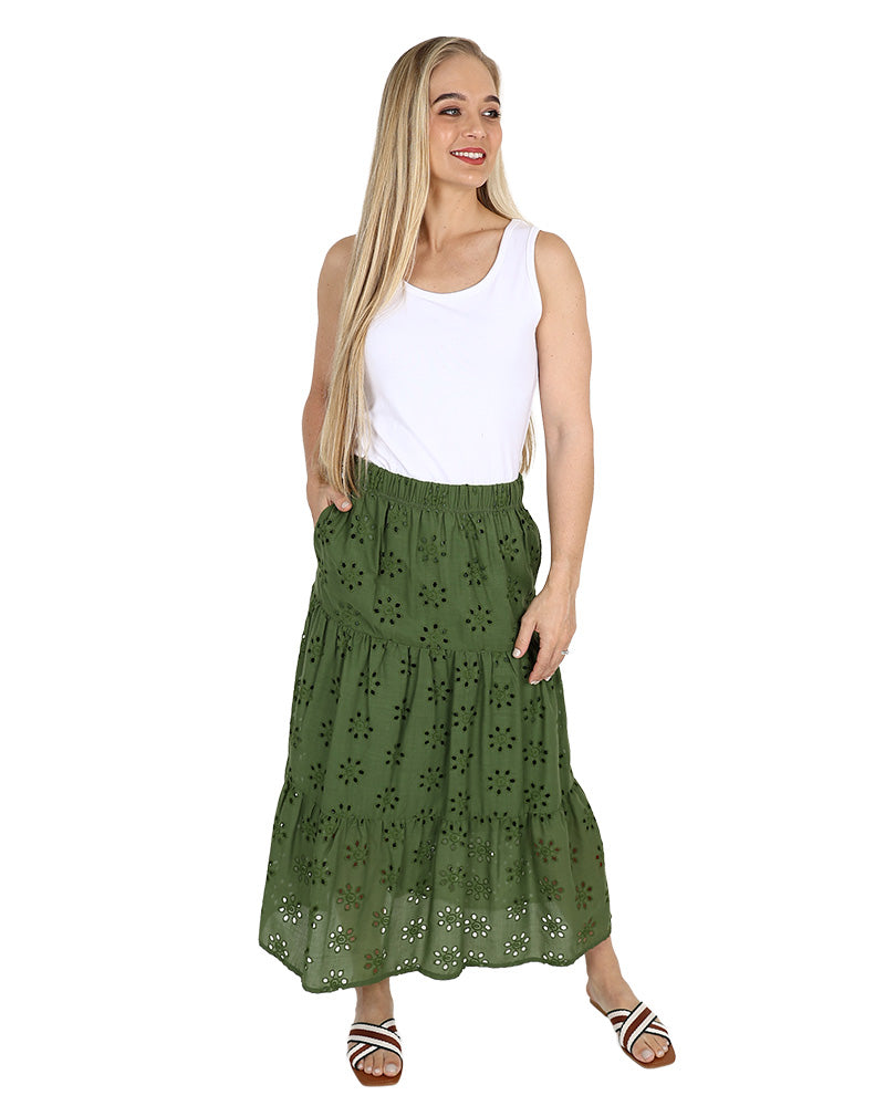 Olive Tiered Anglaise Maxi Skirt