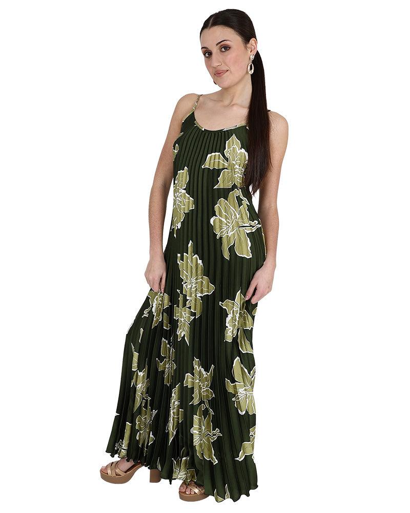 Strappy Green Pleated Maxi Dress