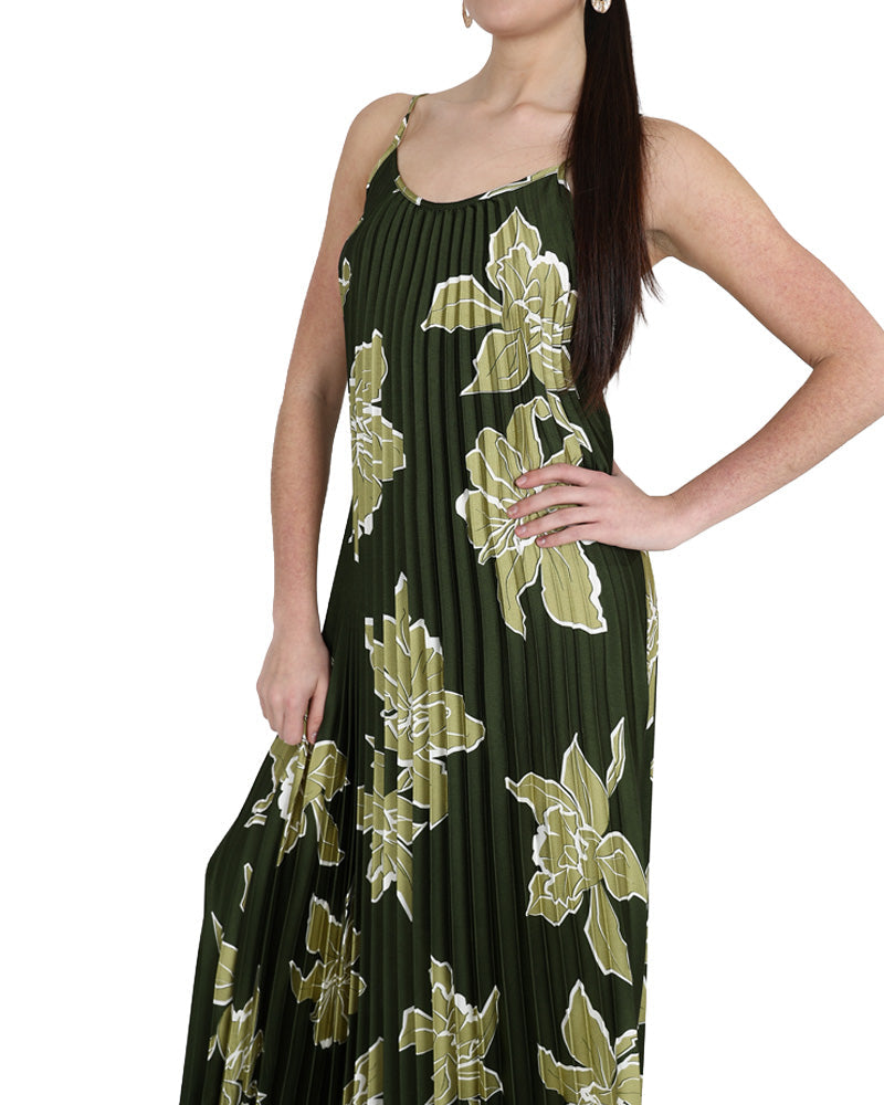 Strappy Green Pleated Maxi Dress