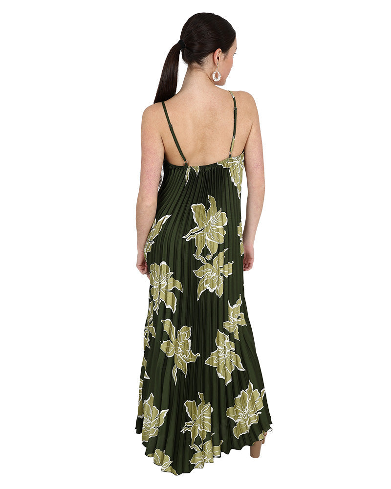 Strappy Green Pleated Maxi Dress