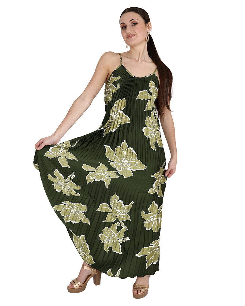 Strappy Green Pleated Maxi Dress