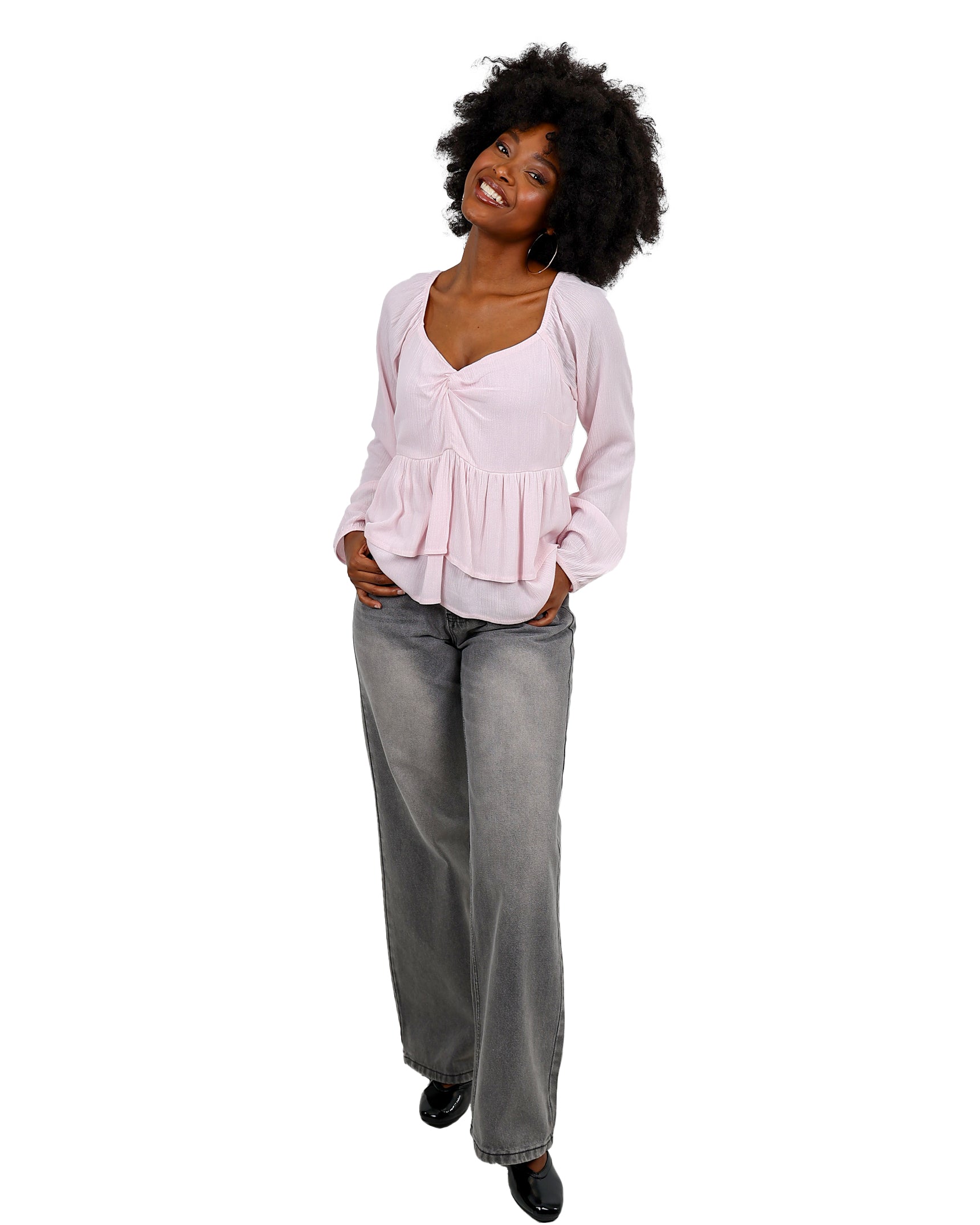 Long Sleeve Knot Detail Peplum Blouse