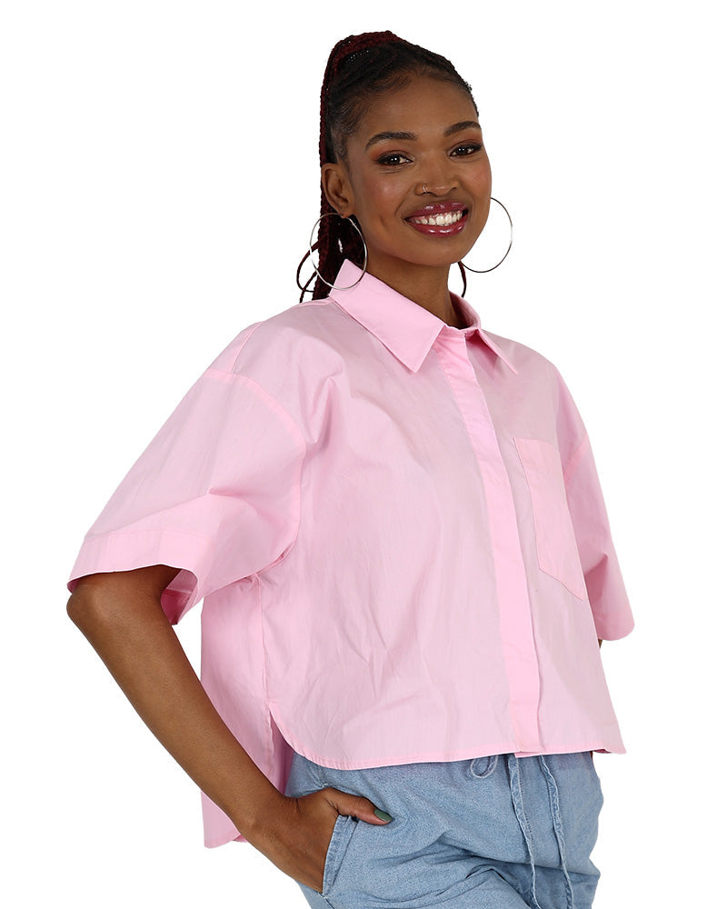 Short Sleeve Pink Oversized High Low Cotton Shirt