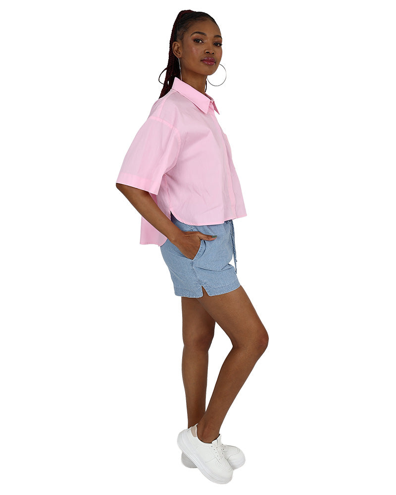 Short Sleeve Pink Oversized High Low Cotton Shirt