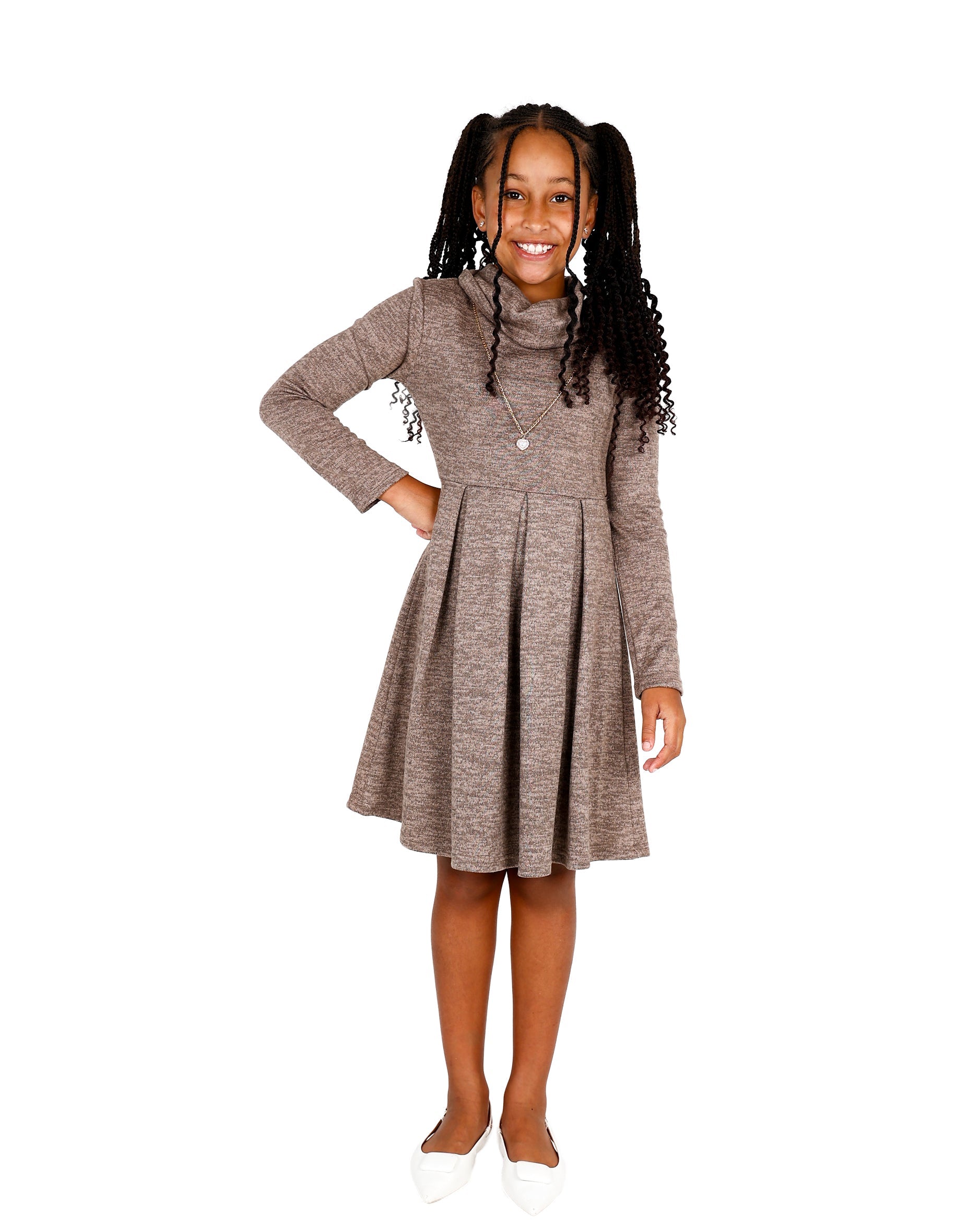 Long Sleeve Cowl Neck Pleated Knit Dress