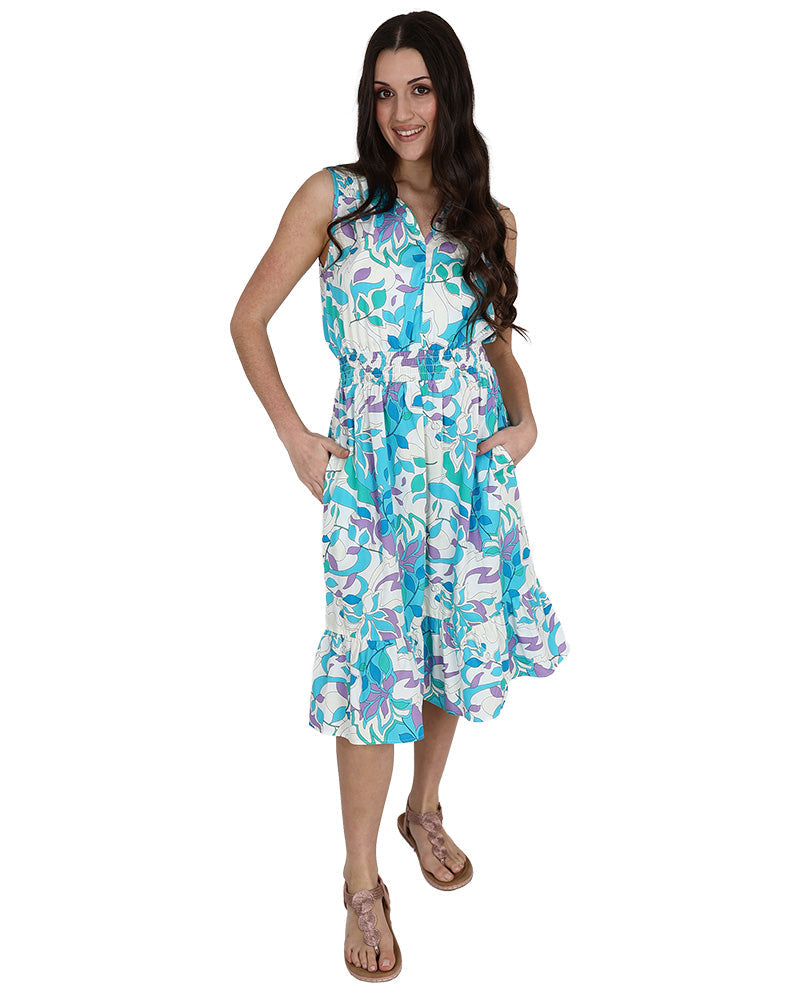Sleeveless Aqua Leaf Print Smocked Waist Dress