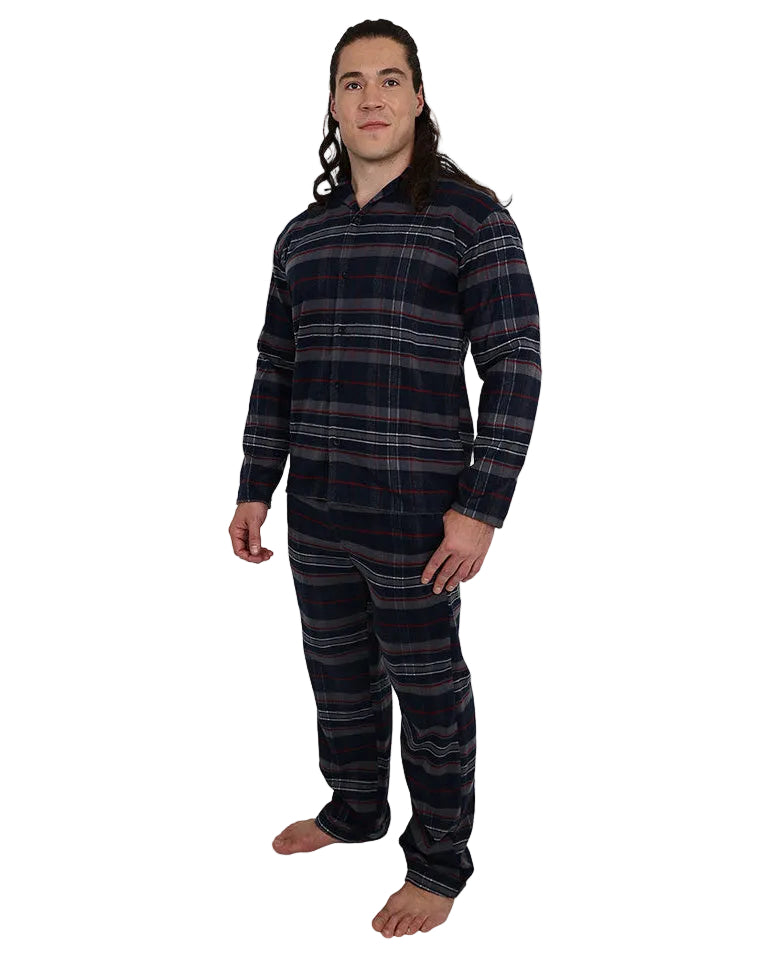 Long Sleeve Navy Large Check Flannel Long Pyjama Set